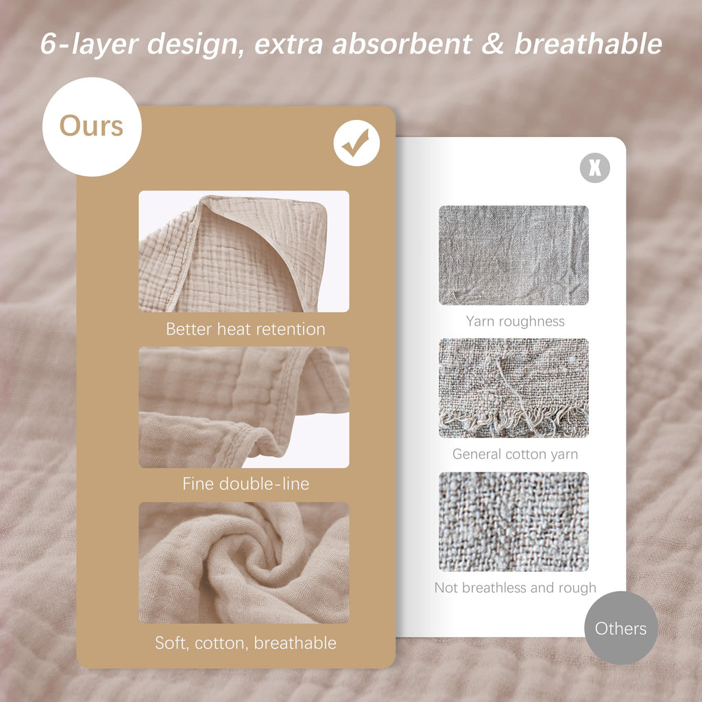 SWEET DOLPHIN Muslin Hooded Baby Bath Towels - 2 Pack 100% Cotton Towel for Babies, Infants, Toddlers - 32x32Inch - Highly Absorbent and Newborn Essential, Light Bean Paste