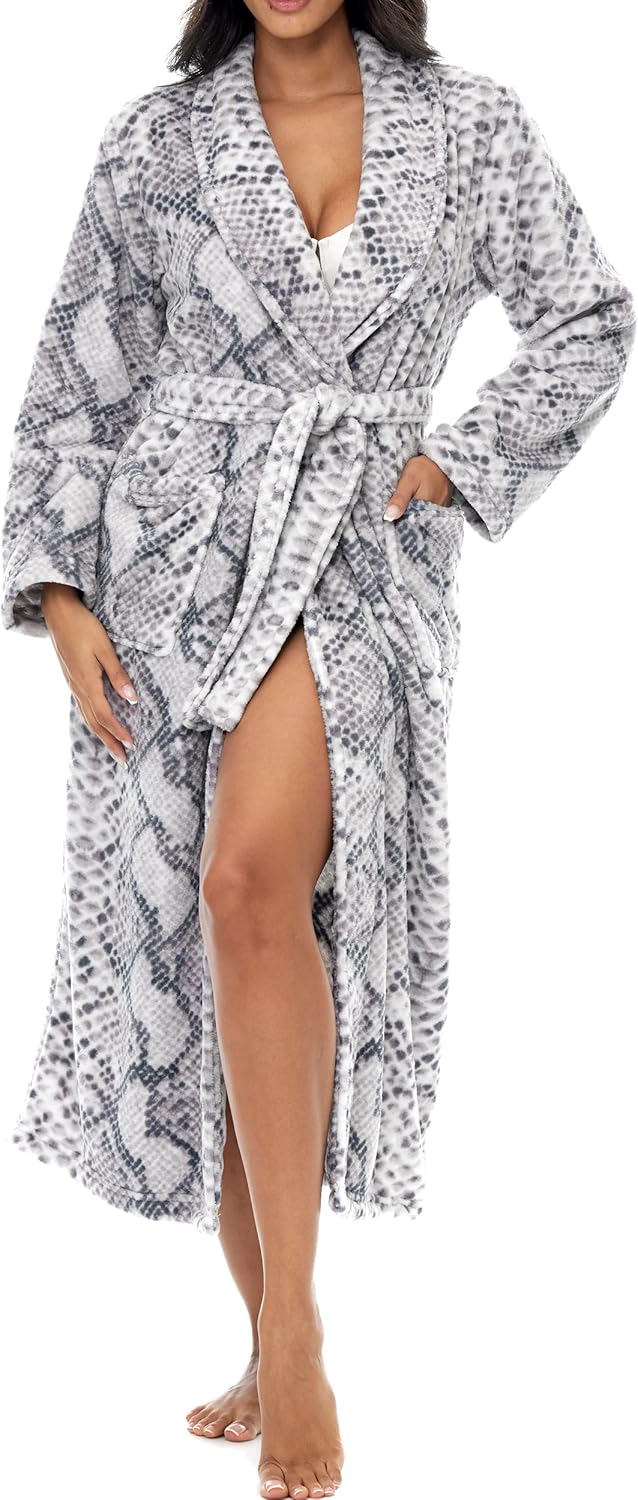 Alexander Del Rossa Plush Striped Robe for Women, Long Fleece Plaid Winter Bath Robe, Plus Size