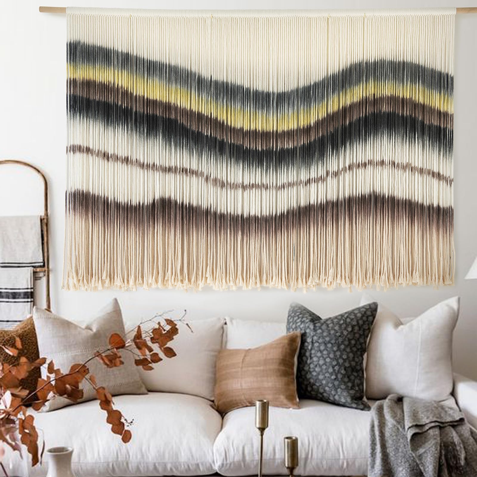 Flber Macrame Wall Hanging Tie-Dye Geometric Decor Large Scale Wall Art Statement Bohemian Yarn Tapestry Home Wall Decor 59''W*35''L