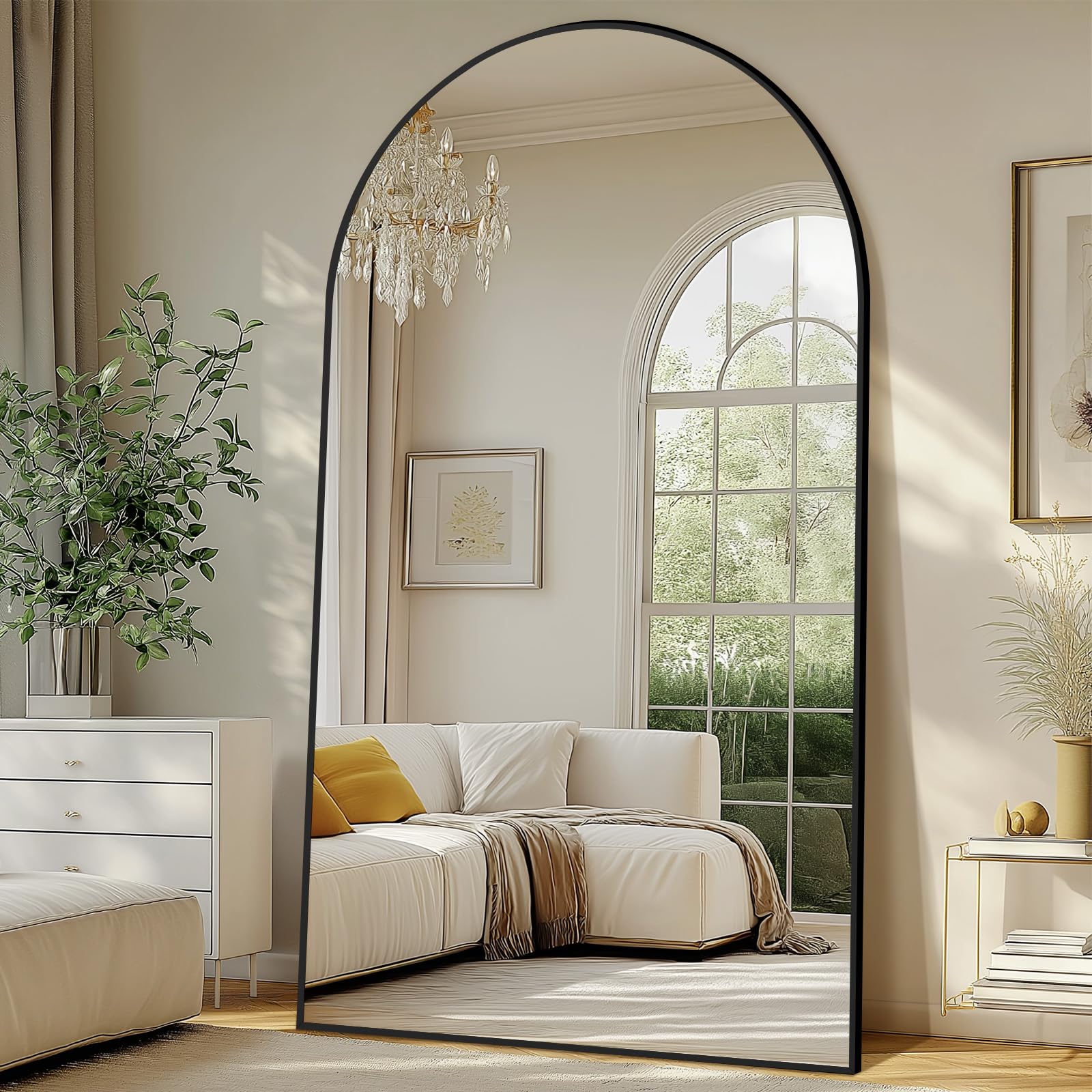 Oversized Floor Mirror Full Length with Stand, 72"X44" Extra Large Arch Standing Mirror Full Length, Tempered Glass Black Full Body Mirror for Bedroom Living Room, Aluminum Alloy Frame