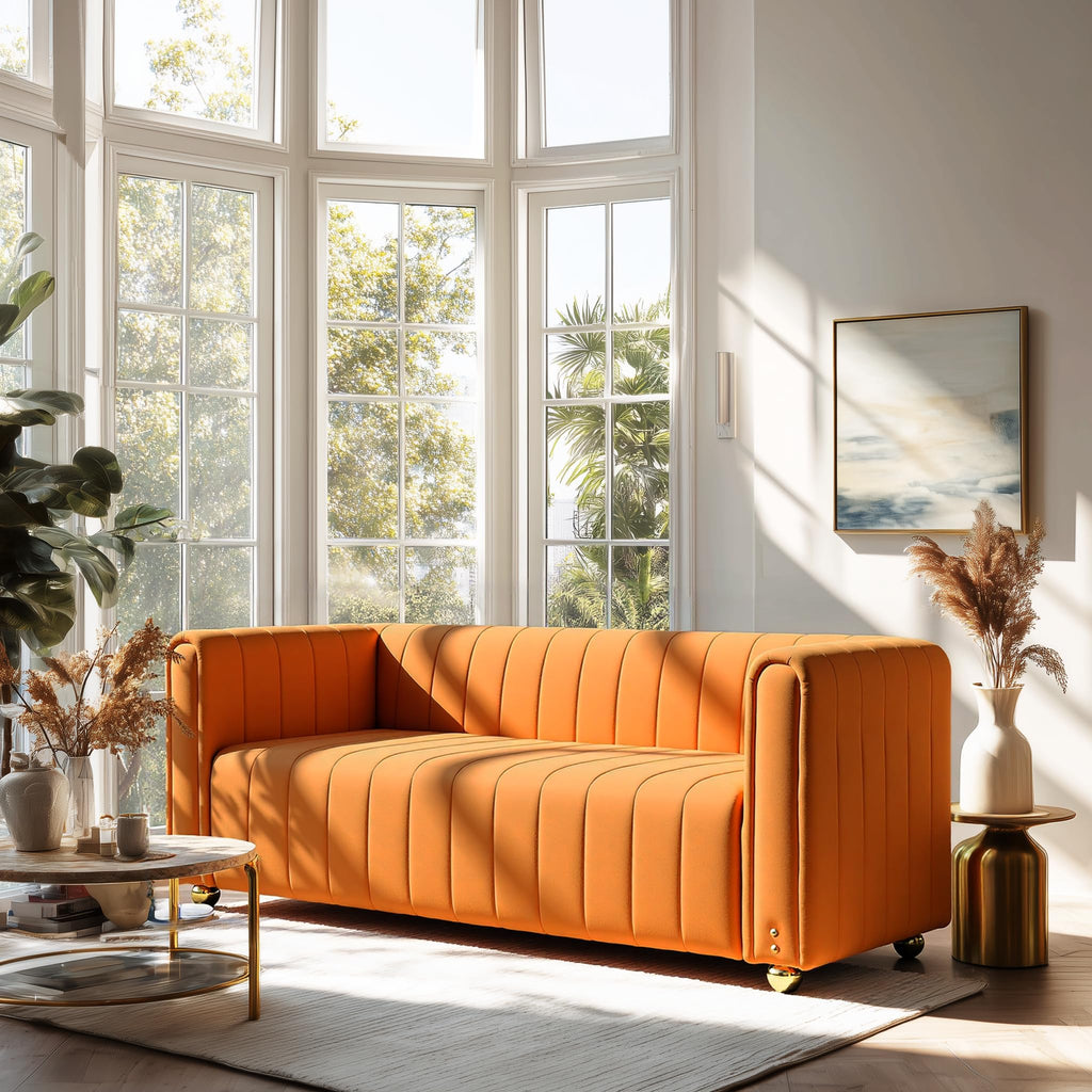 81" W Tufted Velvet Couch,Modern Velvet Sofa with Round Handrails and Metal Legs for Living Room,Office,Apartment (1, Pink)