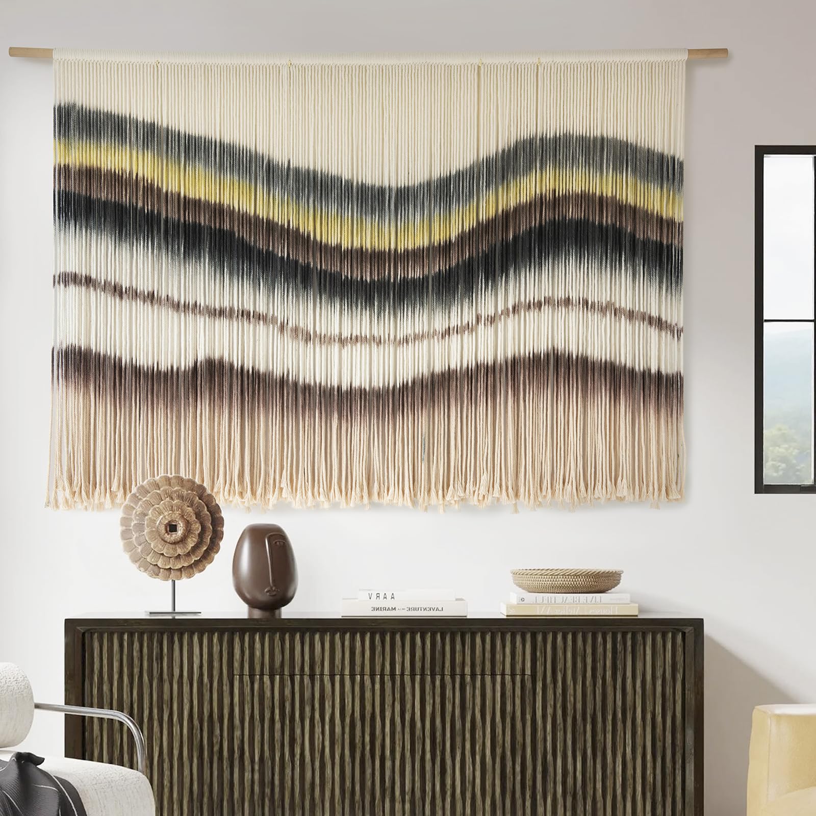 Flber Macrame Wall Hanging Tie-Dye Geometric Decor Large Scale Wall Art Statement Bohemian Yarn Tapestry Home Wall Decor 59''W*35''L