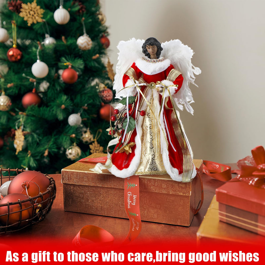 Retrowavy 12 Inch Black Angel Christmas Tree Topper Standing African American Black Angel Figurines Treetop for Decoration(Classic Style)