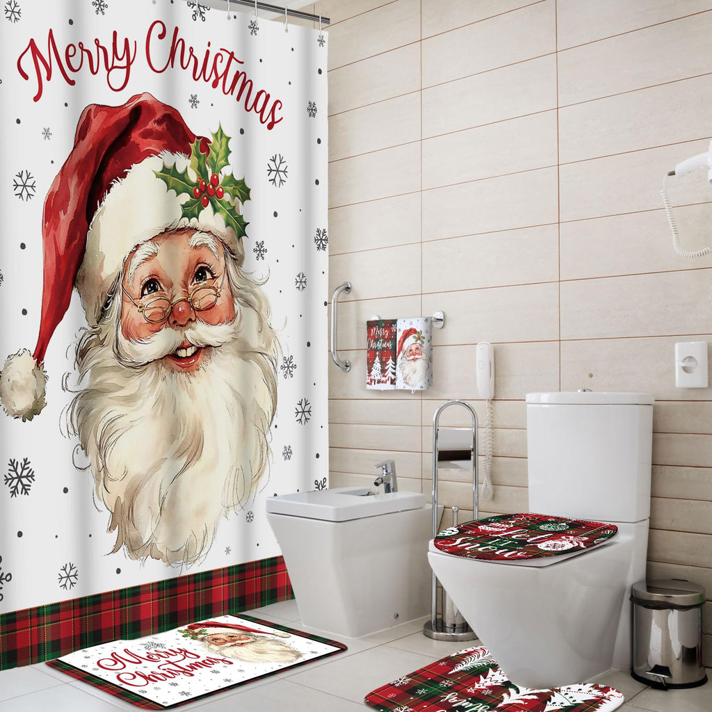 Honoson 8 Pcs Christmas Black Santa Claus Shower Curtain Set with Rugs and Kitchen Towels African American Retro Christmas Bathroom Decor Black Santa Curtain Decorations Xmas Farmhouse Gifts
