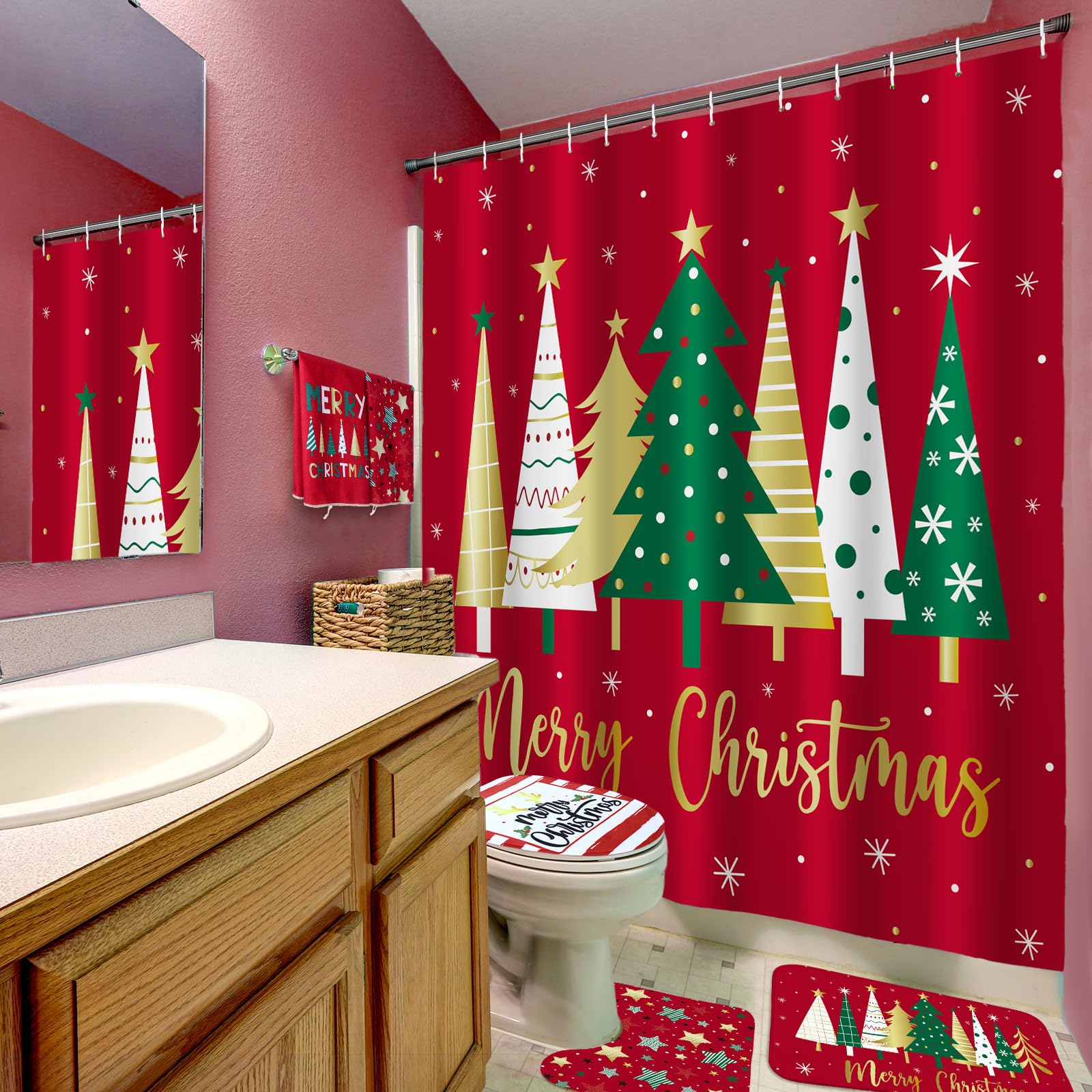Honoson 8 Pcs Christmas Black Santa Claus Shower Curtain Set with Rugs and Kitchen Towels African American Retro Christmas Bathroom Decor Black Santa Curtain Decorations Xmas Farmhouse Gifts