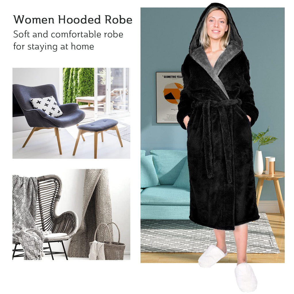 Hellomamma Long Hooded Robe for Women Luxurious Flannel Fleece Full Length Bathrobe Winter Warm Pajamas Shower Nightgown