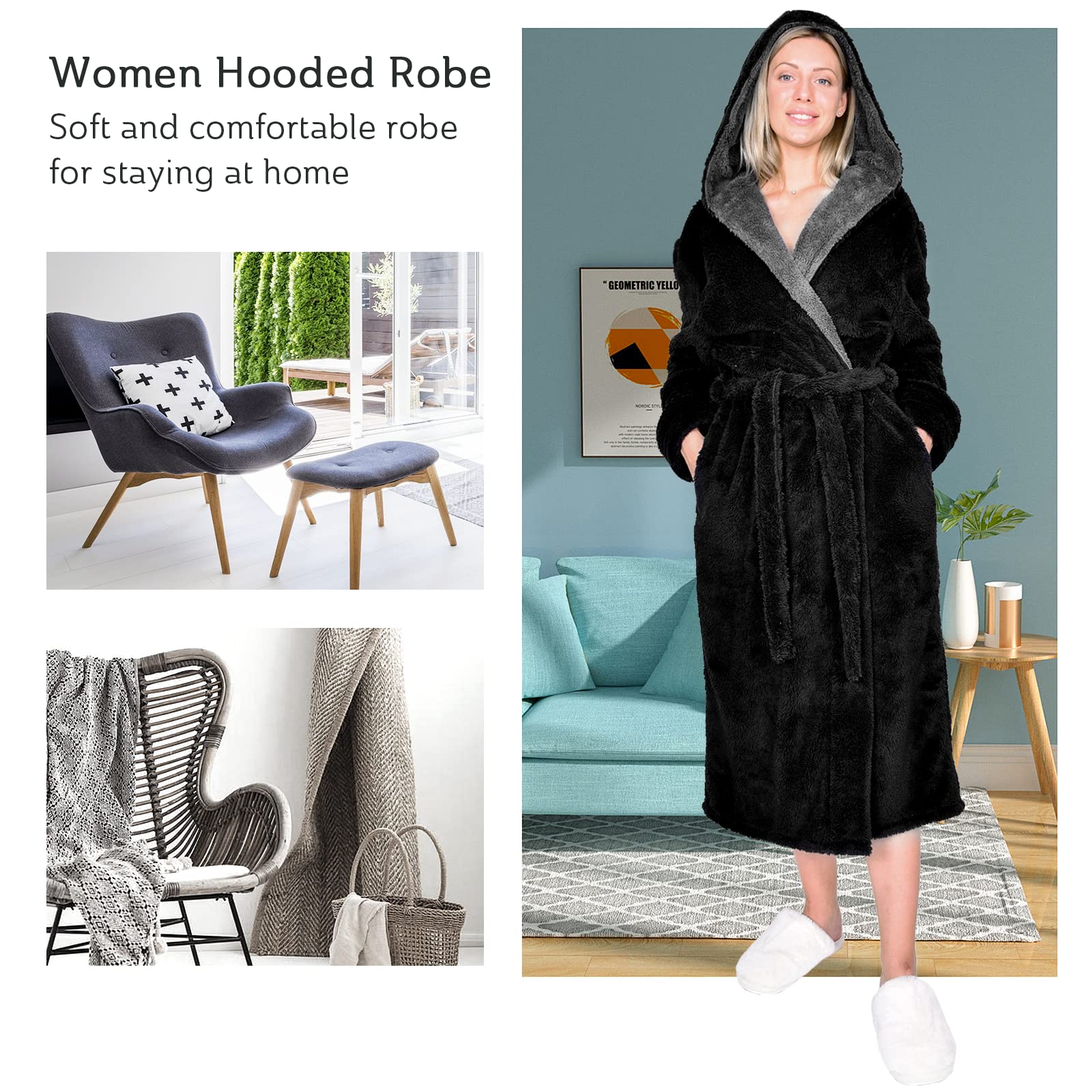 Hellomamma Long Hooded Robe for Women Luxurious Flannel Fleece Full Length Bathrobe Winter Warm Pajamas Shower Nightgown