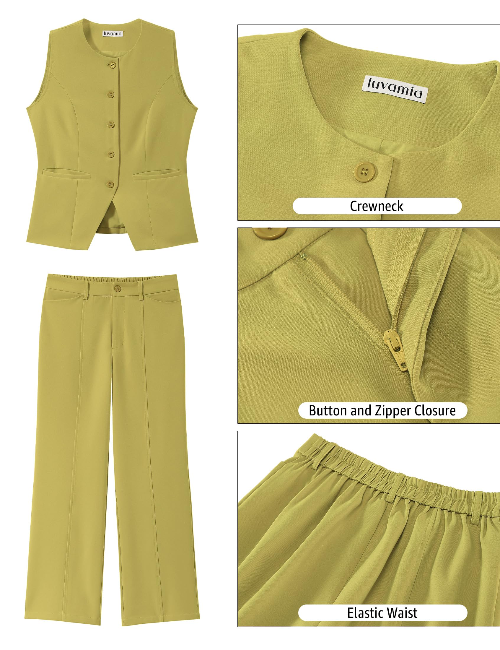 luvamia Vest Pants Suits for Women Dressy 2 Piece Business Casual Outfits Sleeveless Blazer Wide Leg Pants Pantsuit Sets