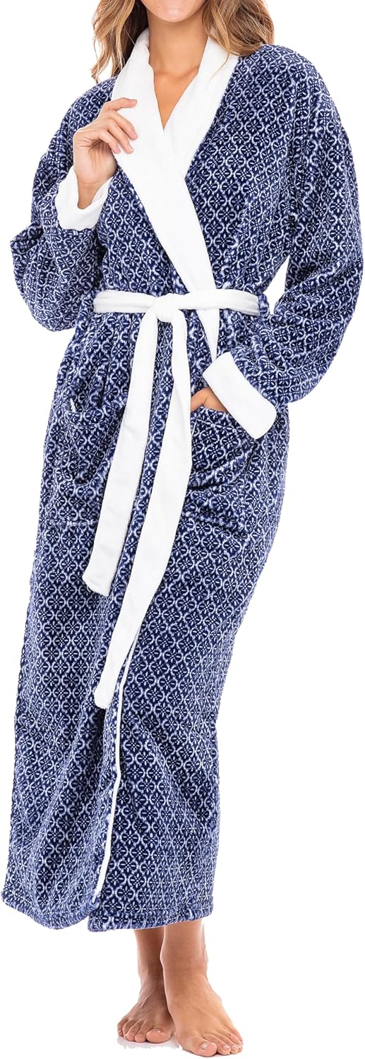 Alexander Del Rossa Plush Striped Robe for Women, Long Fleece Plaid Winter Bath Robe, Plus Size
