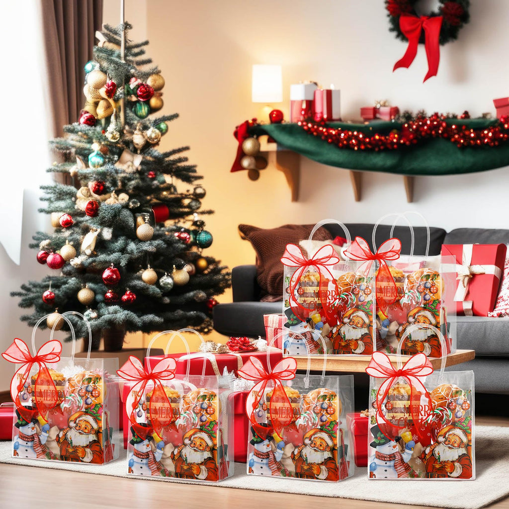 Motipuns 24 Pcs Christmas Clear PVC Gift Bags with Handles and Ribbon African American Black Santa Claus Party Favor Reusable Plastic Candy Treat Tote Bags for Merry New year Xmas Birthday Supplies