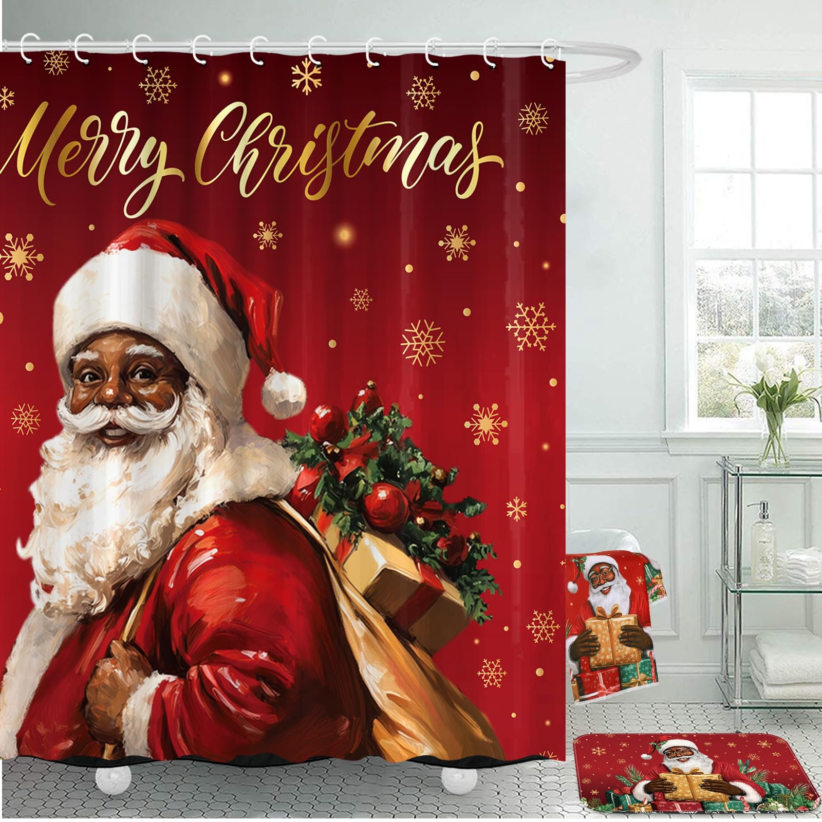Honoson 8 Pcs Christmas Black Santa Claus Shower Curtain Set with Rugs and Kitchen Towels African American Retro Christmas Bathroom Decor Black Santa Curtain Decorations Xmas Farmhouse Gifts