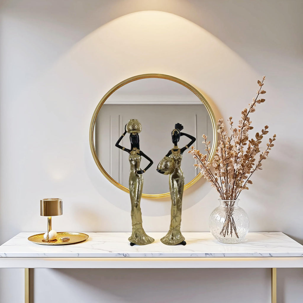 Set of 3 Resin African Woman Statues – Elegant Tribal Figurines in Gold Dresses, Afrocentric Home Decor Sculptures for Living Room, Bookshelf, Gift