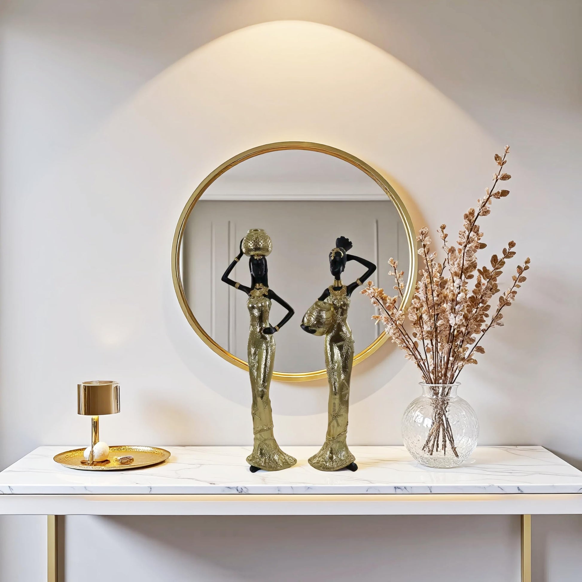 Set of 3 Resin African Woman Statues – Elegant Tribal Figurines in Gold Dresses, Afrocentric Home Decor Sculptures for Living Room, Bookshelf, Gift