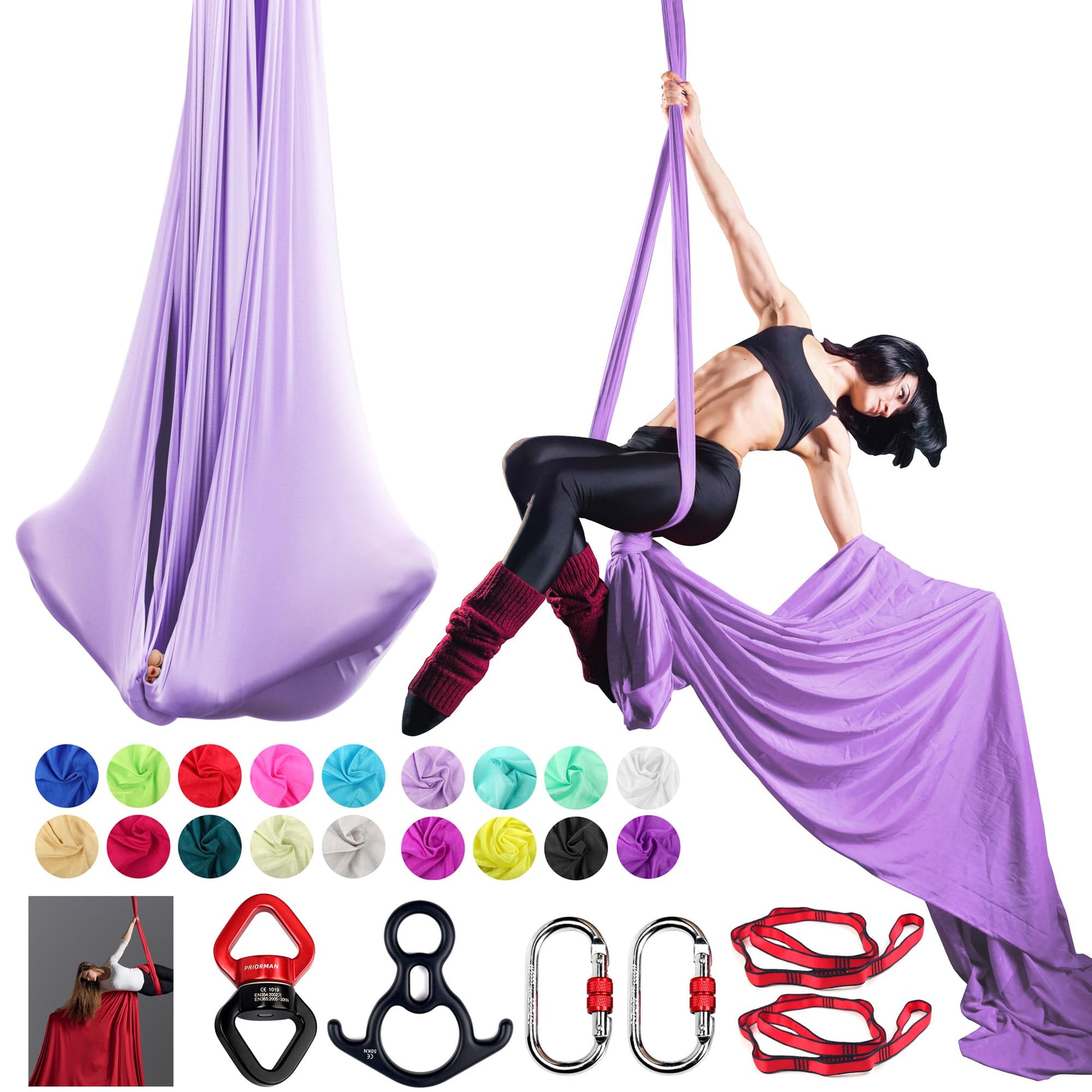 Aerial Silks Set, Premium Ariel Yoga Hammock 9 Yards Aerial Silk, Low-Stretch Fabric, Yoga Starter Kit for Home, Aerial Rig for All Skill Levels - All Hardware Included