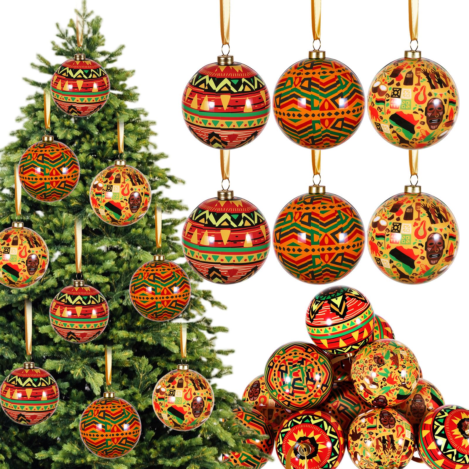 18 Pack Kente African Black Christmas Tree Balls Ornaments 2.76in Hanging Kwanzaa Ball Decorations Set Traditional African Print for Christmas Tree Kwanzaa Decor