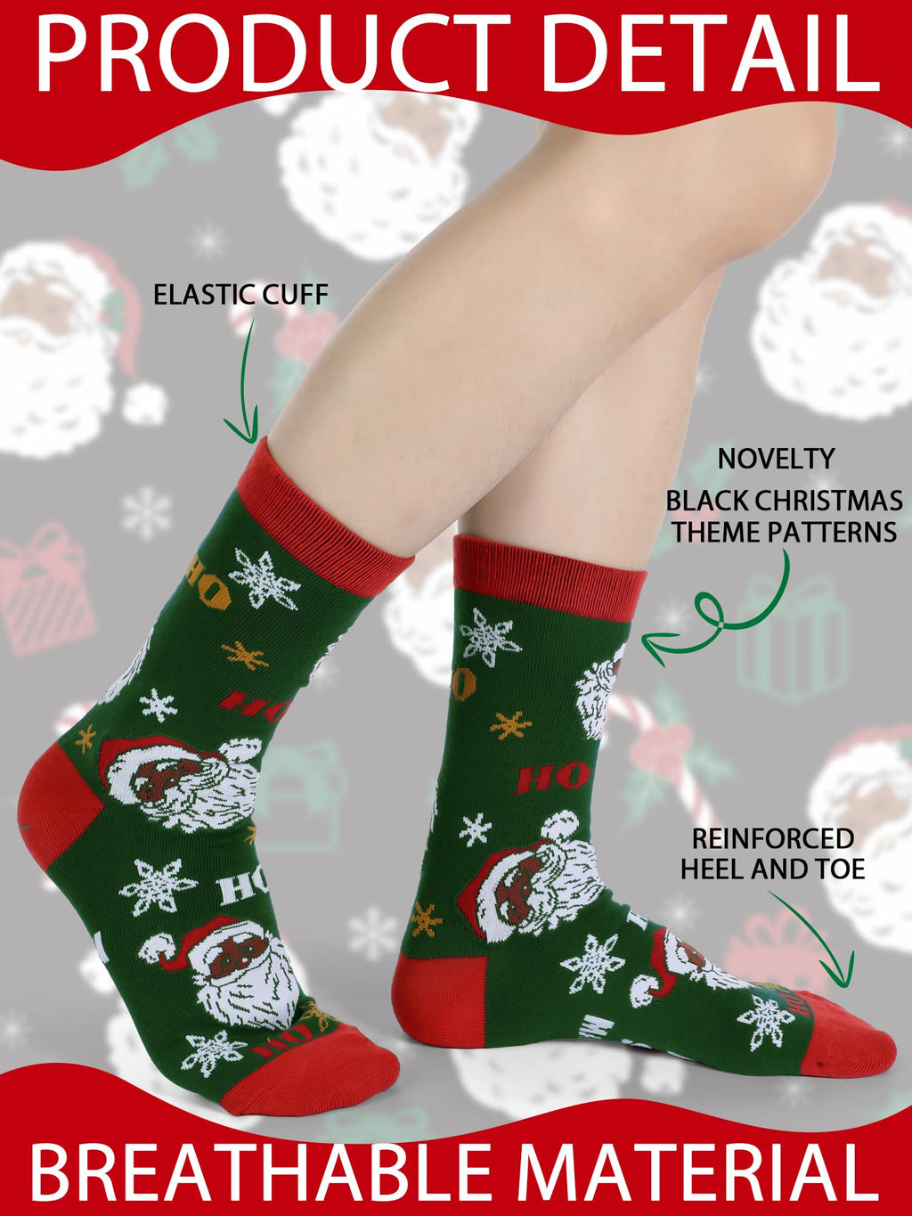 8 Pairs Novelty Black Santa Christmas Socks Funny African American Santa Crew Socks for Christmas Stocking Stuffers