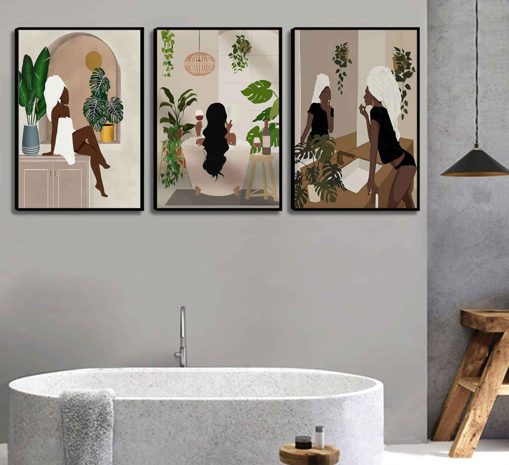 WSTUKVV 3Pcs Black Girl Bathroom Wall Art Boho Black Woman Posters Pictures African American Canvas Prints Fashion Abstract Paintings For Bathroom Home Bedroom Living Room Wall Decor Frame