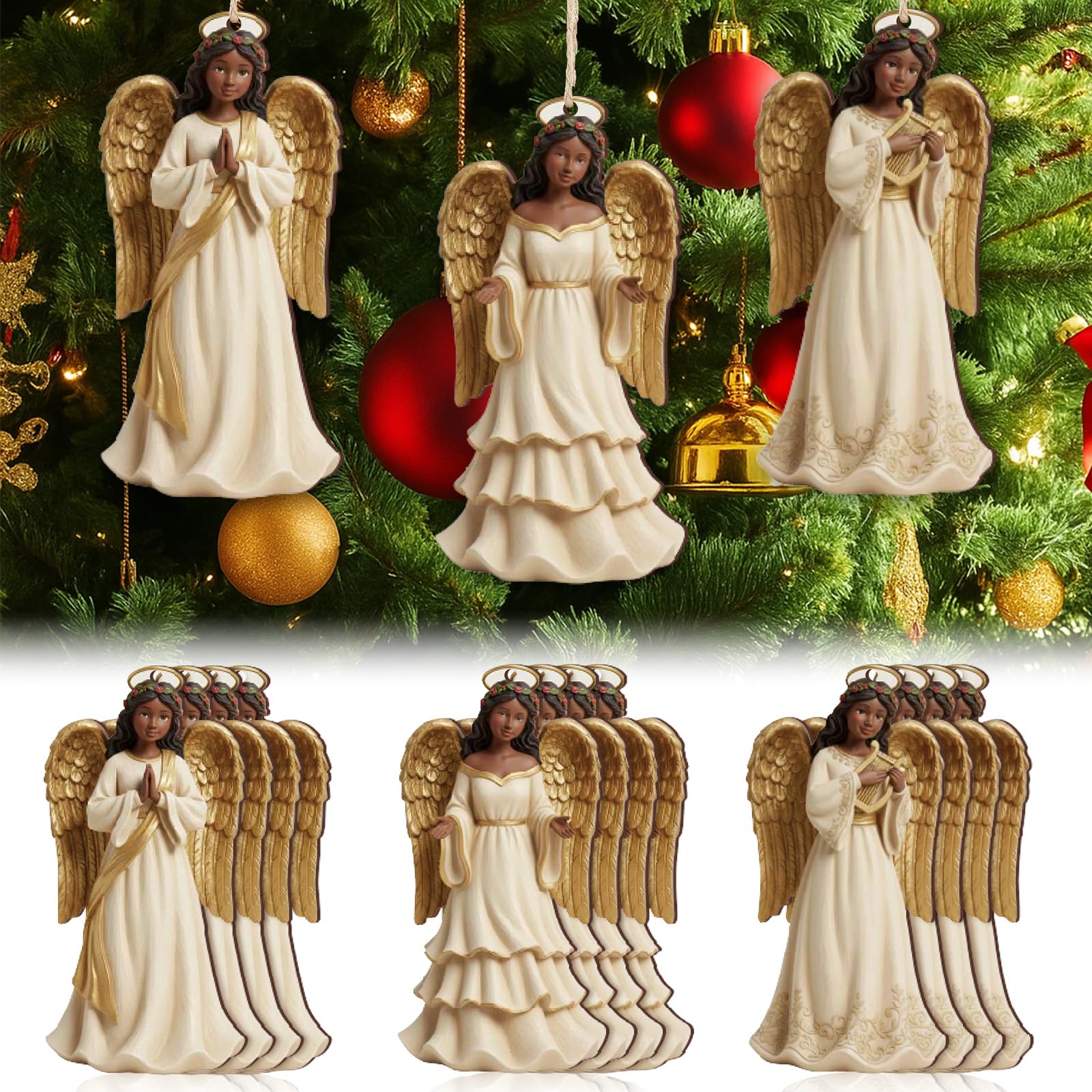 Youyole 24 Pcs Christmas Decoration African American Angel Ornaments with Cardinal Black Angel Ornaments Xmas Wooden Decor Gift for Christmas Tree Fireplace Office Holiday Decor (Wings)