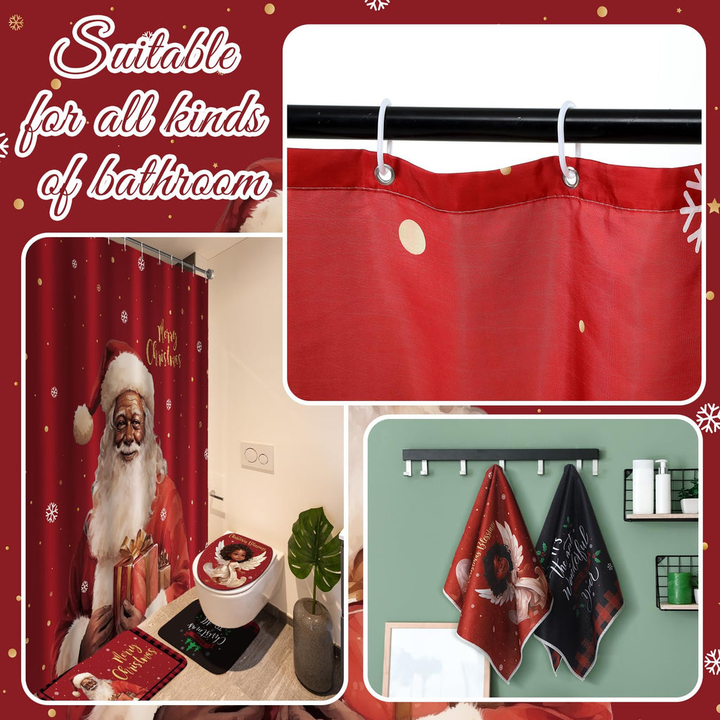 Honoson 8 Pcs Christmas Black Santa Claus Shower Curtain Set with Rugs and Kitchen Towels African American Retro Christmas Bathroom Decor Black Santa Curtain Decorations Xmas Farmhouse Gifts