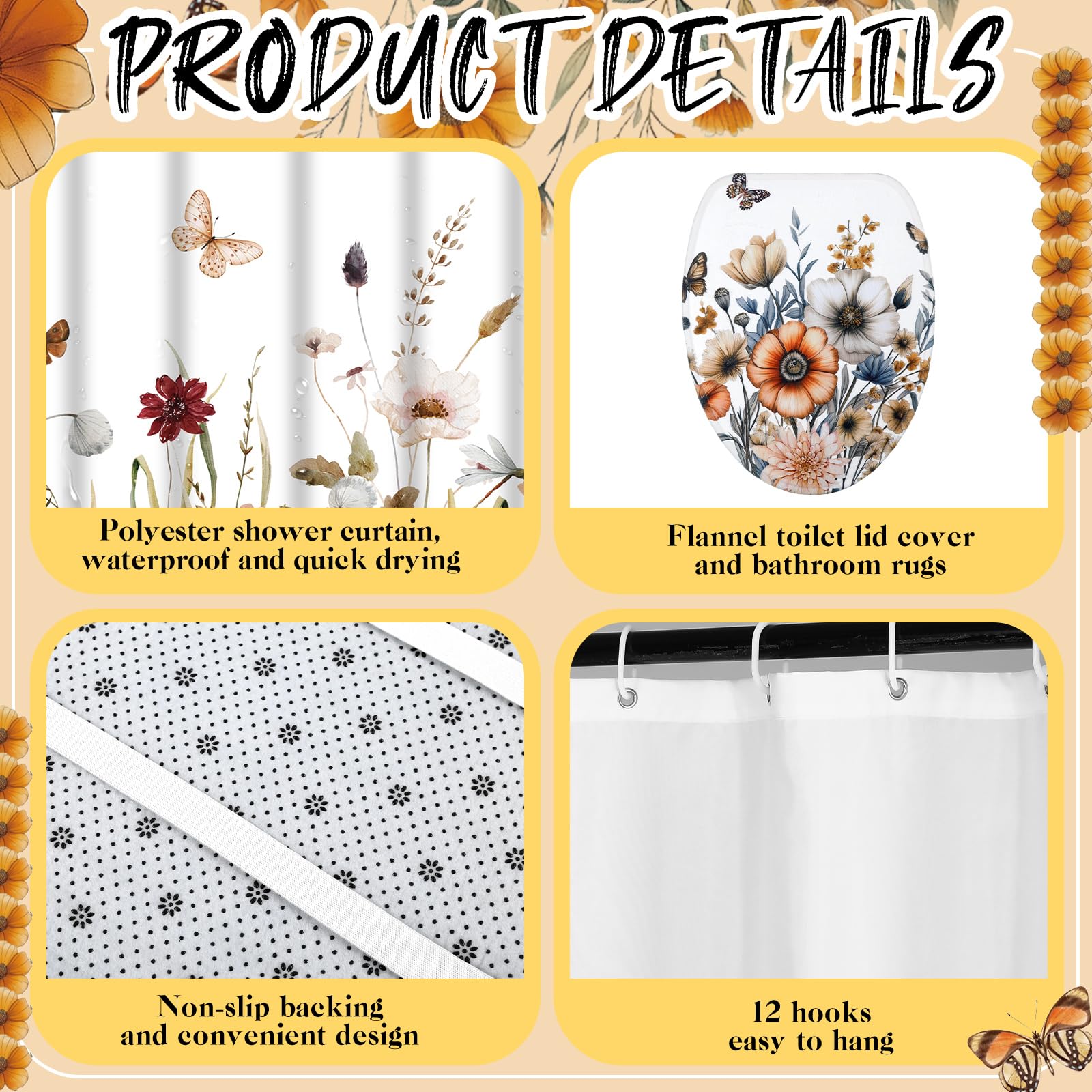 Honoson 8 Pcs Christmas Black Santa Claus Shower Curtain Set with Rugs and Kitchen Towels African American Retro Christmas Bathroom Decor Black Santa Curtain Decorations Xmas Farmhouse Gifts