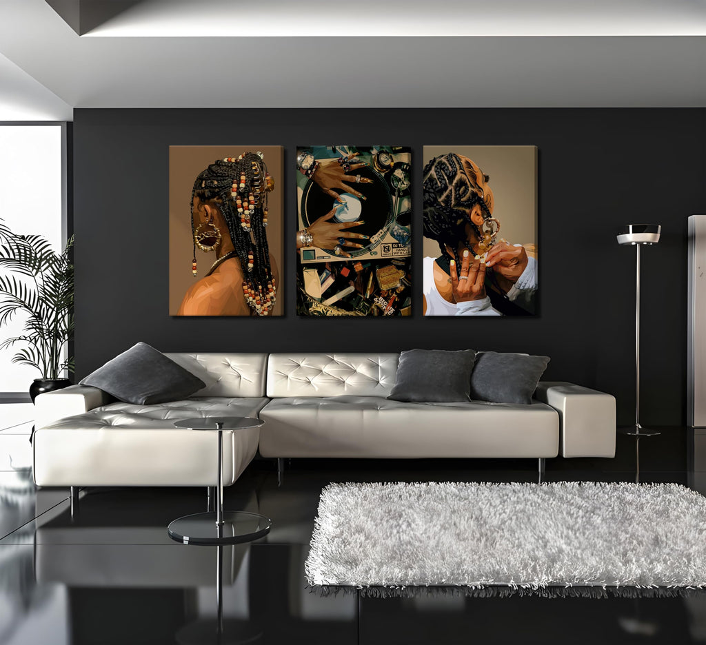 3Pcs Black Woman Canvas Wall art Boho Fashion Black Girl Painting Picture Wall Decor Abstract African American Poster Print Artwork for Living Room Bedroom Office Home Decoration,16x24in Canvas
