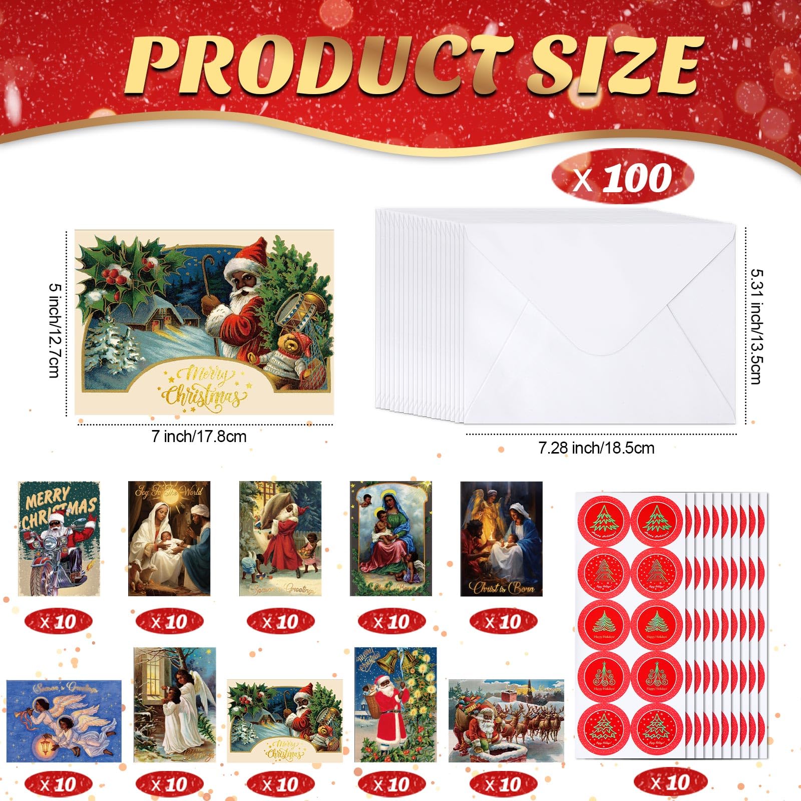 Zhanmai 100 Sets Black Christmas Cards African American Black Religious Cards with Envelopes for Christmas Supplies(Vintage)