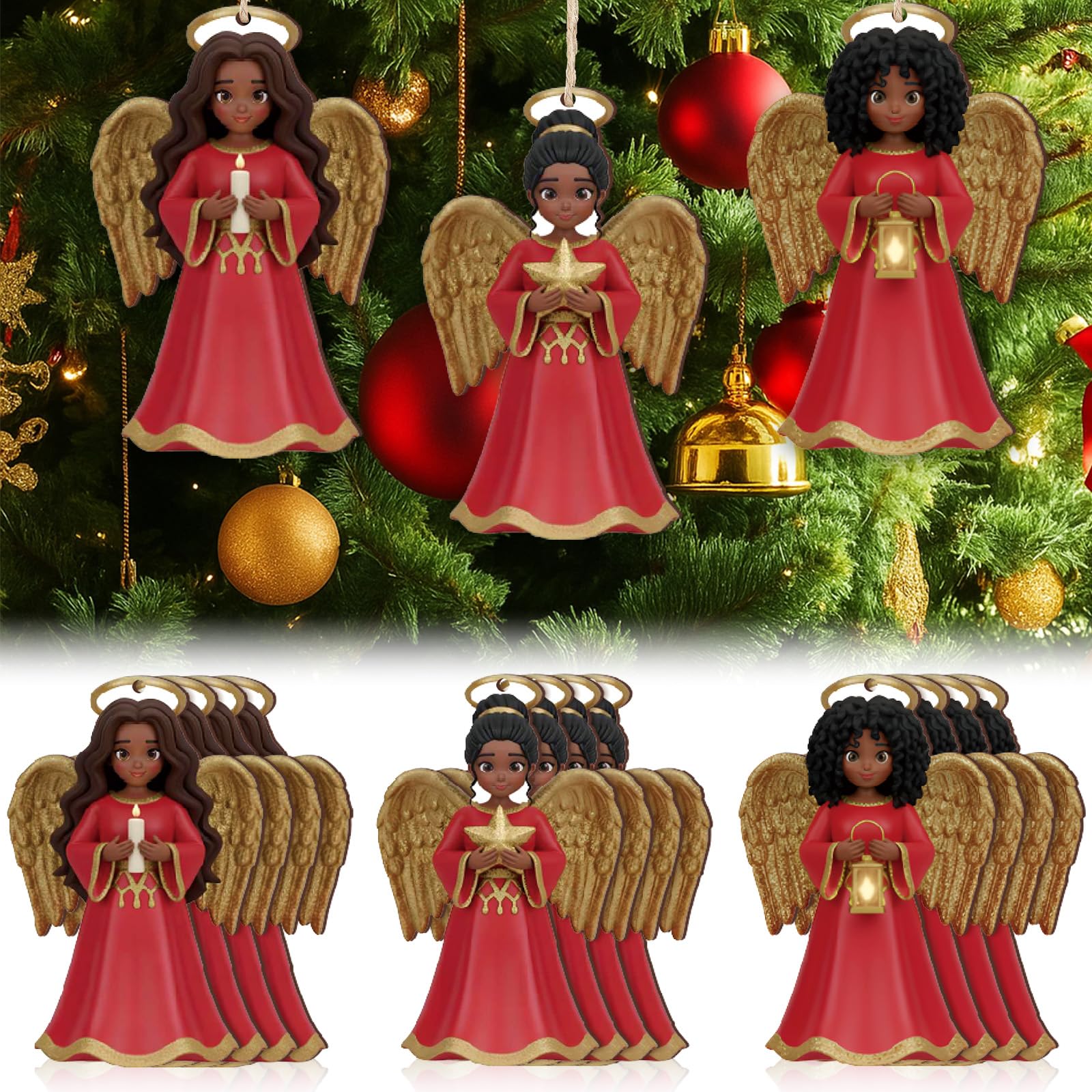 Youyole 24 Pcs Christmas Decoration African American Angel Ornaments with Cardinal Black Angel Ornaments Xmas Wooden Decor Gift for Christmas Tree Fireplace Office Holiday Decor (Wings)