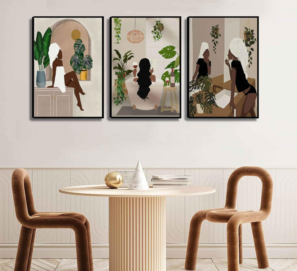 WSTUKVV 3Pcs Black Girl Bathroom Wall Art Boho Black Woman Posters Pictures African American Canvas Prints Fashion Abstract Paintings For Bathroom Home Bedroom Living Room Wall Decor Frame