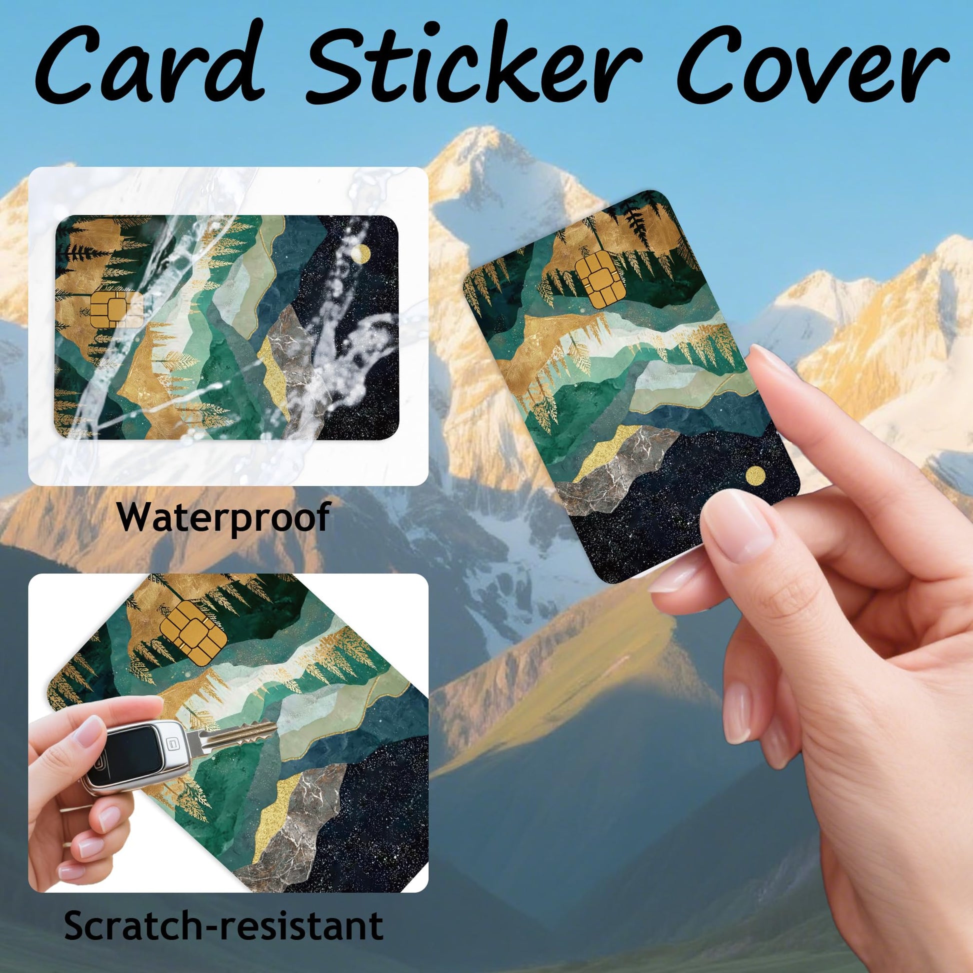 Credit Card Skin Stickers: 4PCS Scenic Mountain Debit Card Skins, Chinoiserie Landscape Cards Covers with Chip Cutout, Waterproof Removable Sticker Wraps for Bank Transportation Key Cards
