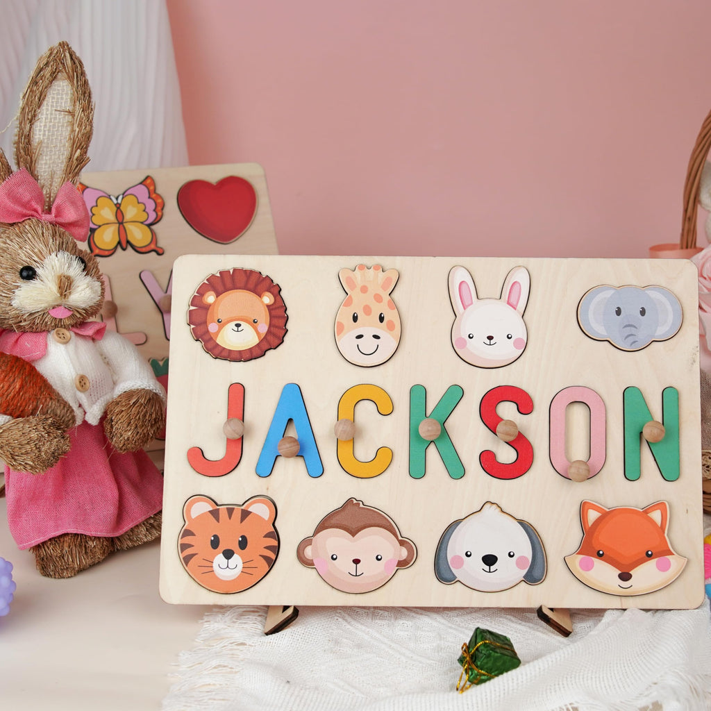 Personalized Name Puzzle for Kids, Personalized Baby Gifts Custom Name Puzzles for Toddlers 1-3 Animal Puzzle, Customized 1st Birthday for Girls & Boys Wooden Puzzle Montessor Toys for Kids