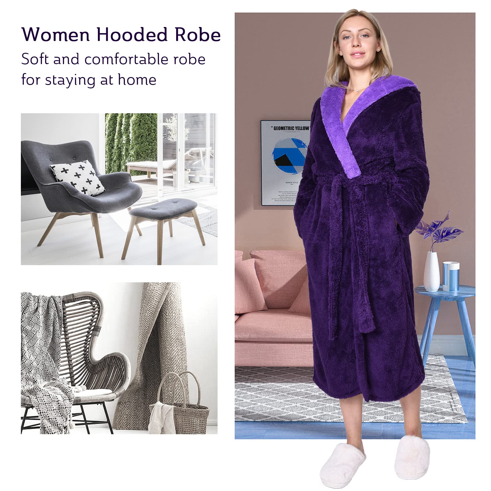 Hellomamma Long Hooded Robe for Women Luxurious Flannel Fleece Full Length Bathrobe Winter Warm Pajamas Shower Nightgown