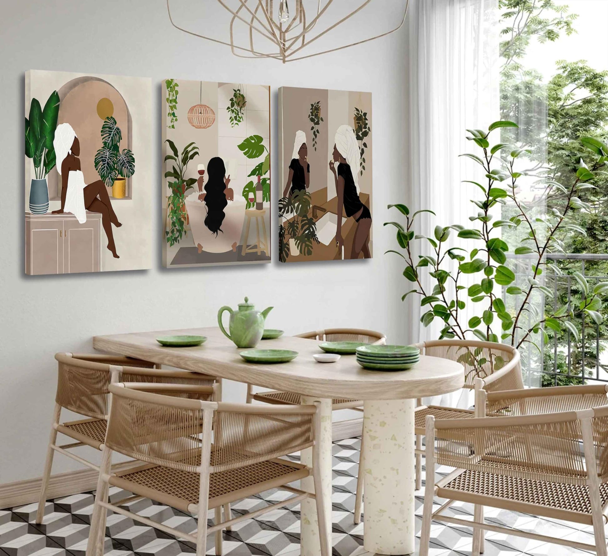 WSTUKVV 3Pcs Black Girl Bathroom Wall Art Boho Black Woman Posters Pictures African American Canvas Prints Fashion Abstract Paintings For Bathroom Home Bedroom Living Room Wall Decor Frame