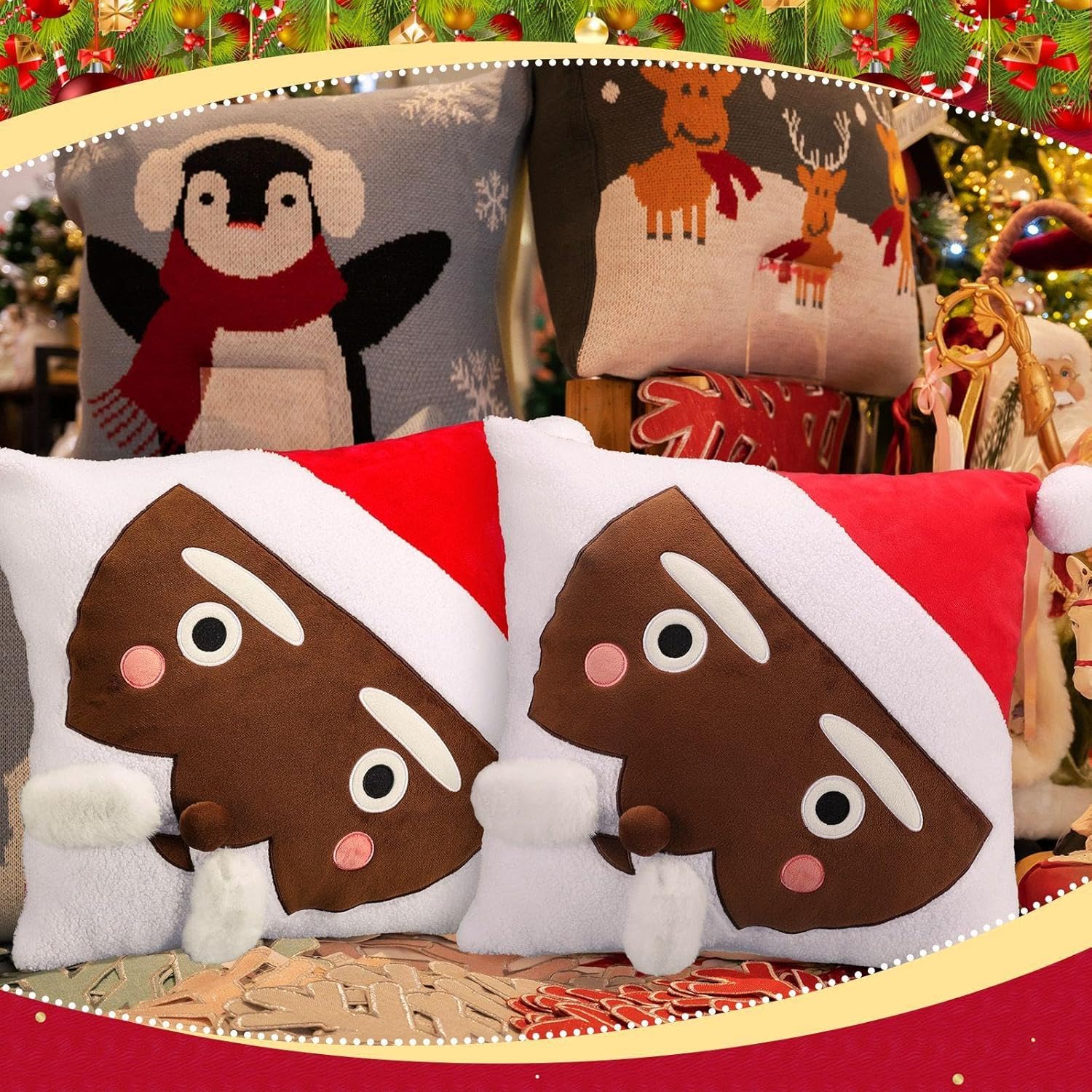 2 Pack Black Santa Christmas Pillow Covers 18 x 18 Inch African American Christmas Decorations Black Santa Claus Square 3D Embroidered Pillowcases Fun Winter Indoor Decoration for Bed Sofa Couch