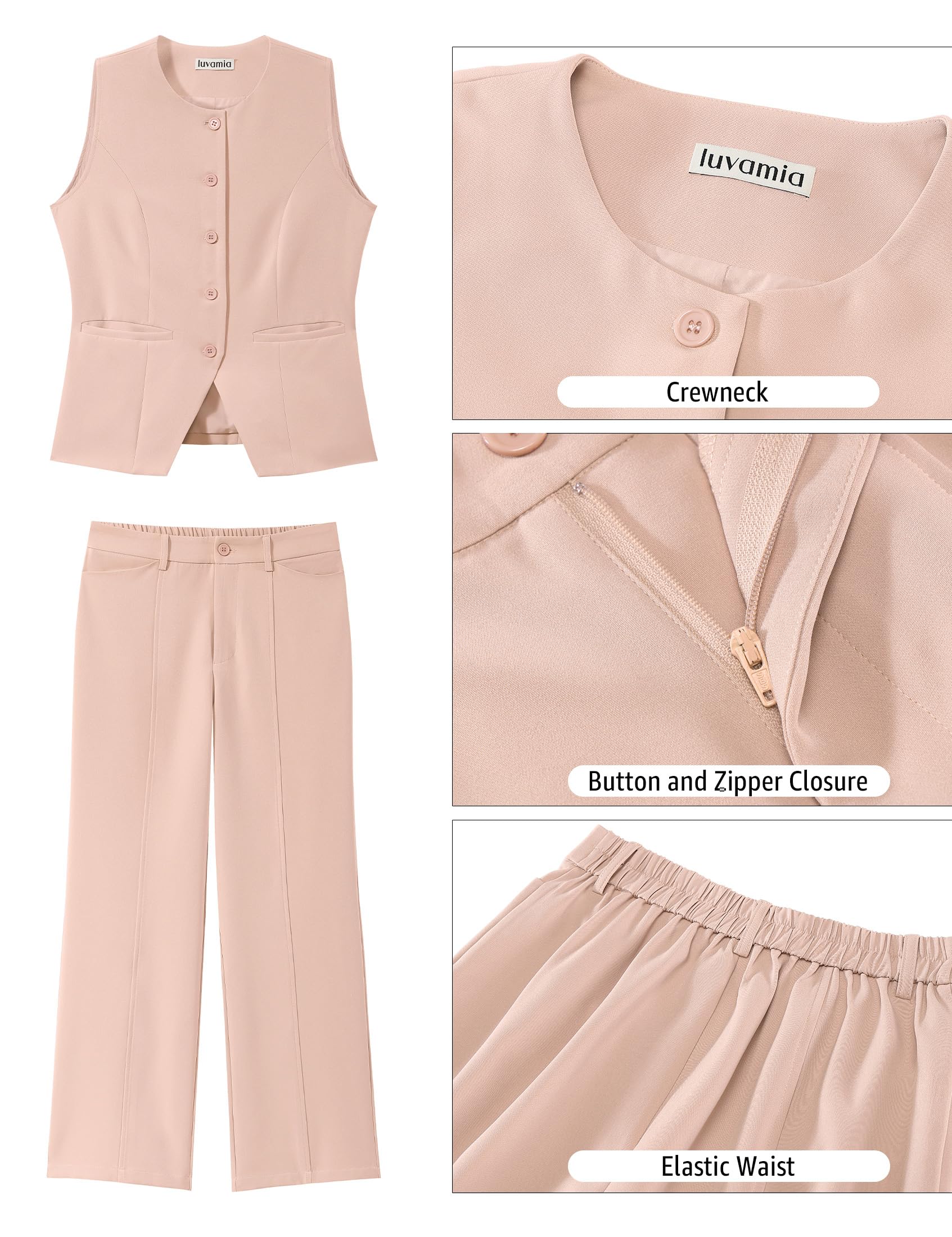 luvamia Vest Pants Suits for Women Dressy 2 Piece Business Casual Outfits Sleeveless Blazer Wide Leg Pants Pantsuit Sets