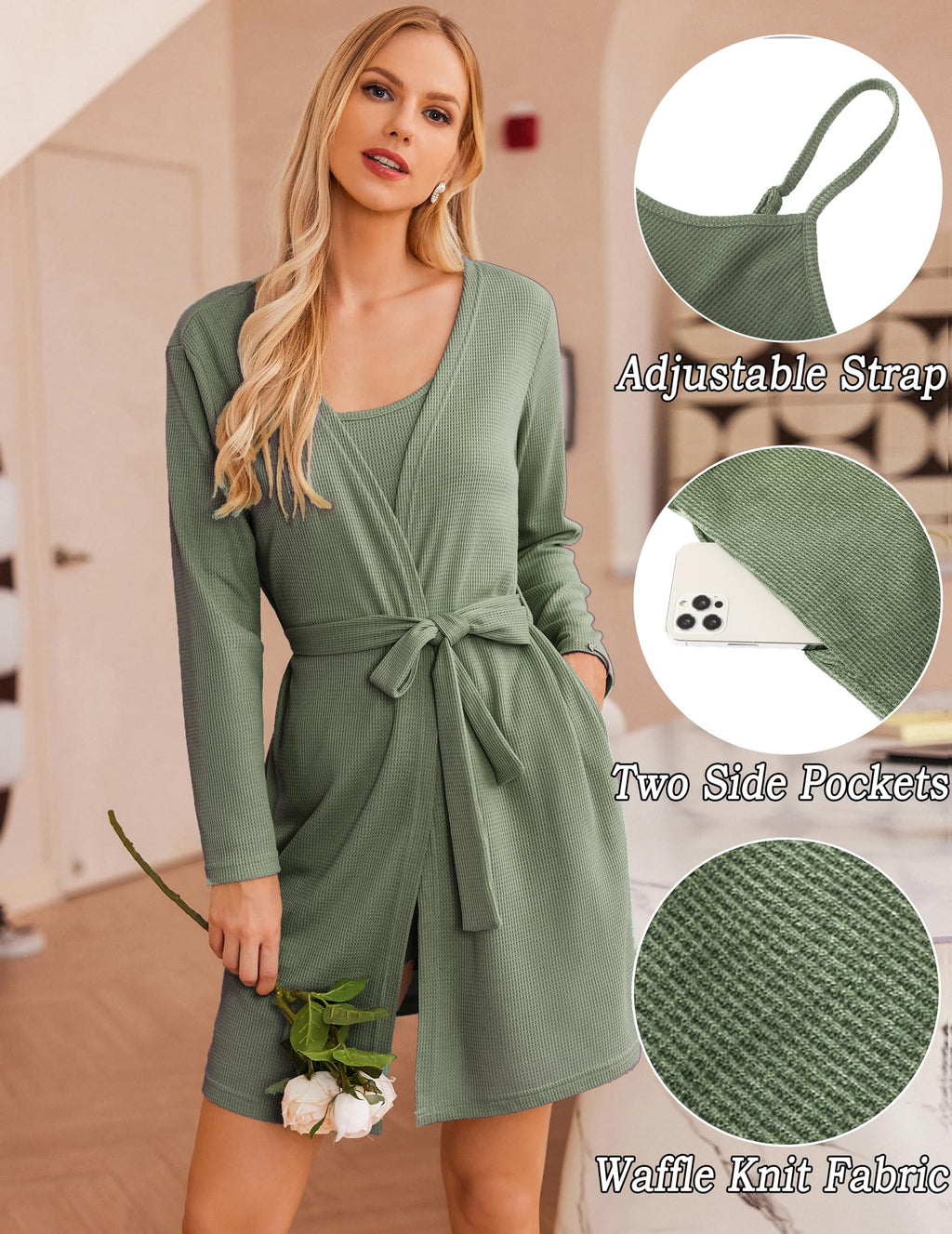 Ekouaer Womens 3 Piece Waffle Knit Lounge Set Soft Pajama Sets Tank Top and Shorts Cardigan with Pockets S-XXL