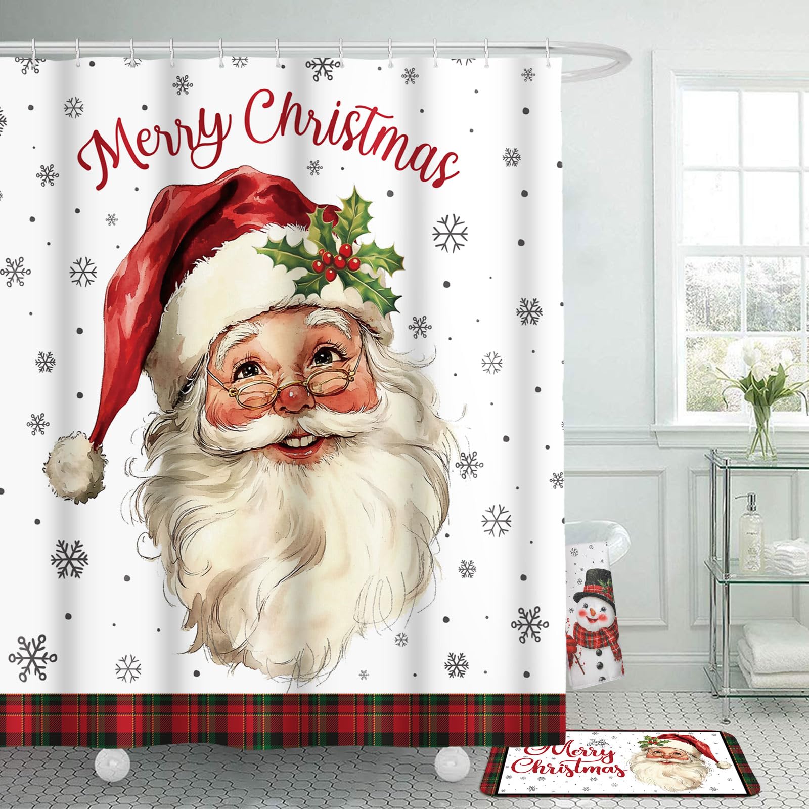 Honoson 8 Pcs Christmas Black Santa Claus Shower Curtain Set with Rugs and Kitchen Towels African American Retro Christmas Bathroom Decor Black Santa Curtain Decorations Xmas Farmhouse Gifts