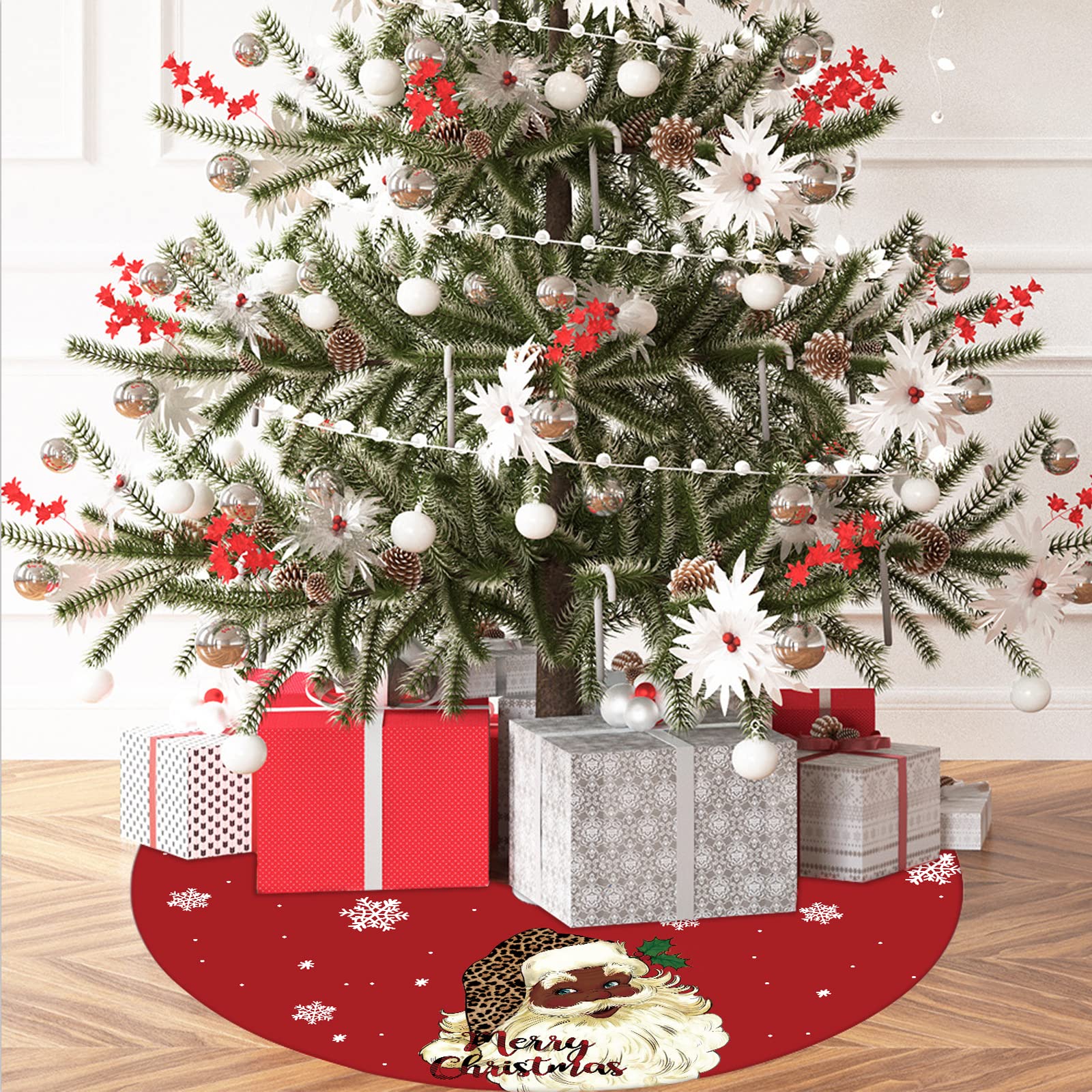 Christmas Tree Skirt Black Snowflake Black Santa African American Santa Tree Skirt 48inch Xmas Winter Tree Skirt for Christmas Indoor Outdoor Decorations