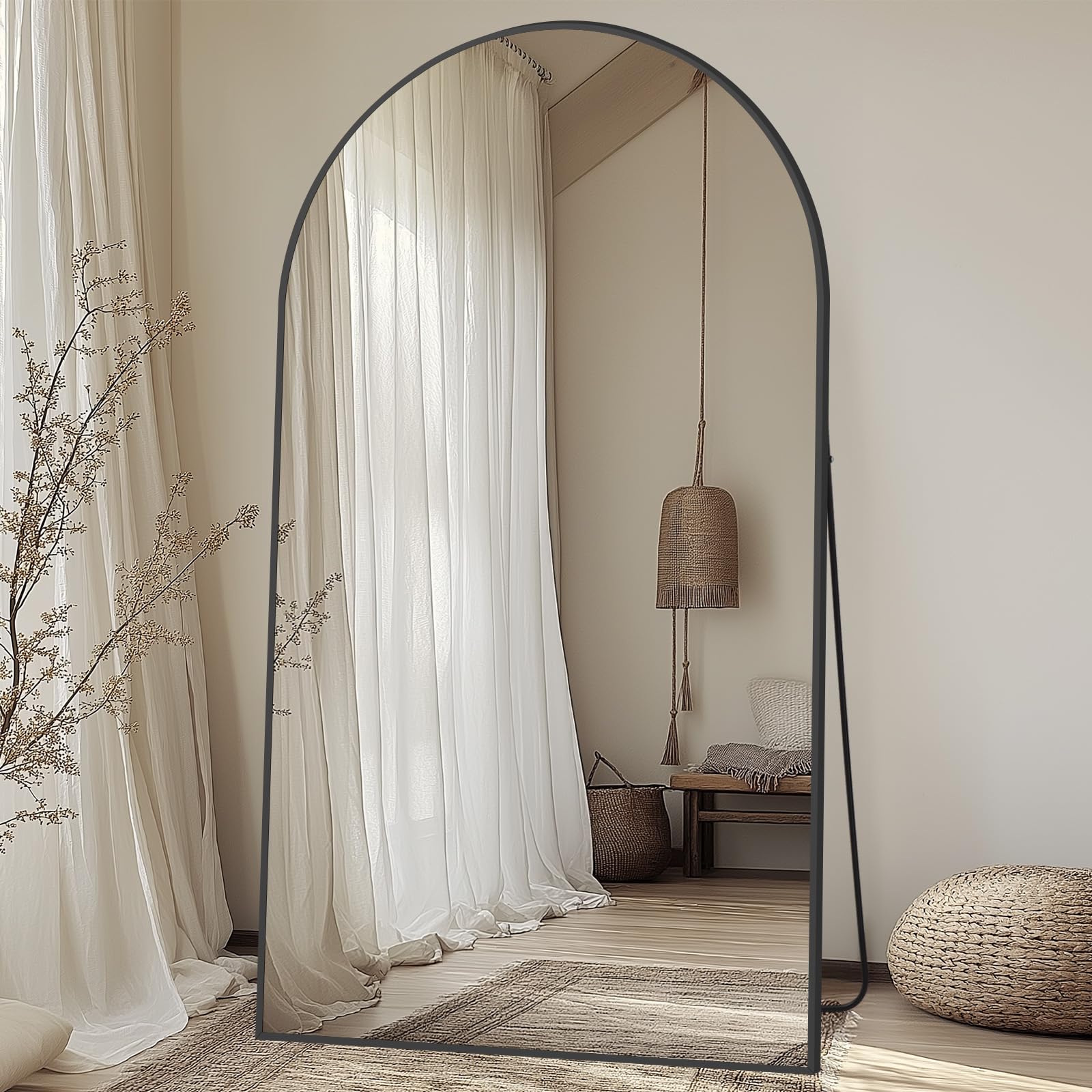 Oversized Floor Mirror Full Length with Stand, 72"X44" Extra Large Arch Standing Mirror Full Length, Tempered Glass Black Full Body Mirror for Bedroom Living Room, Aluminum Alloy Frame
