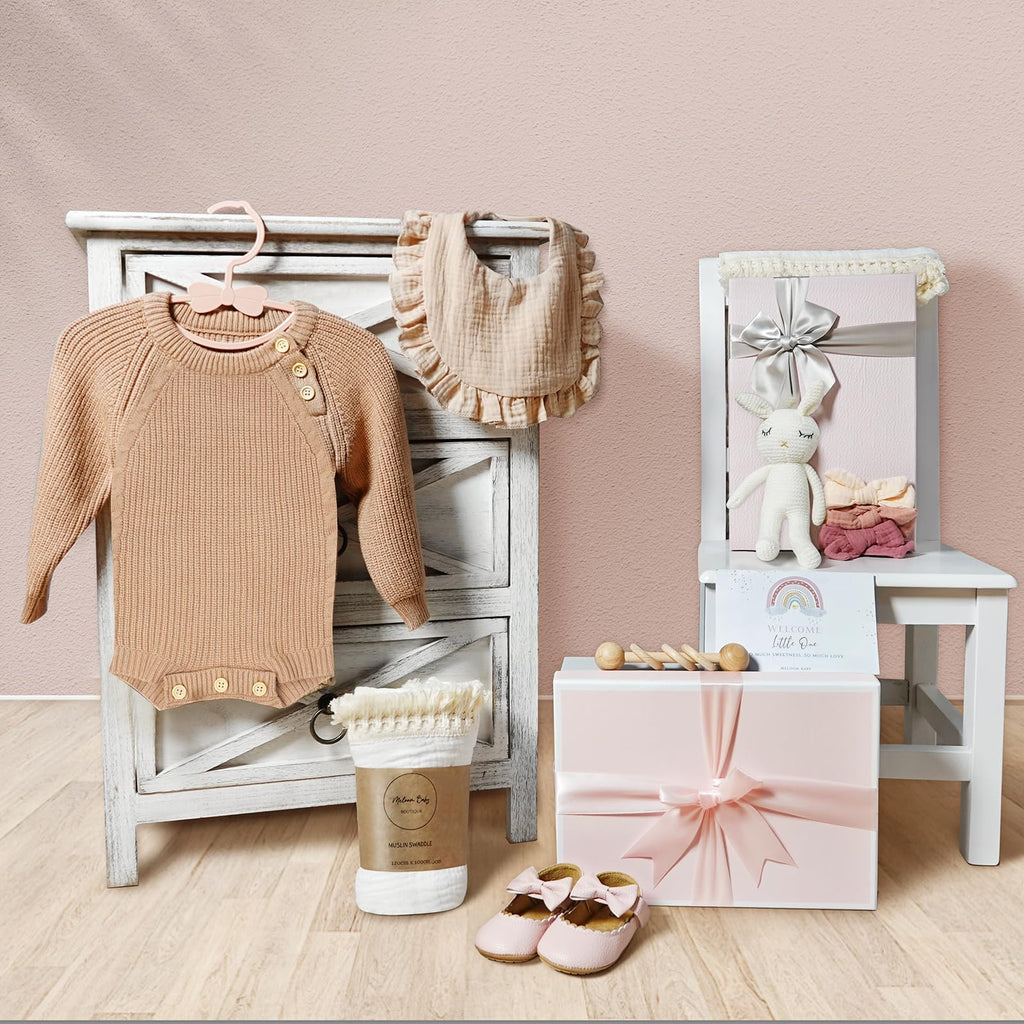meloom Deluxe Baby Girl Gift Set, Newborn Baby Shower Gifts Basket, Newborn Gifts Box, Boho Baby Girl Essentials, Baby Shower Gifts for New Moms, Personalized New Baby Gifts