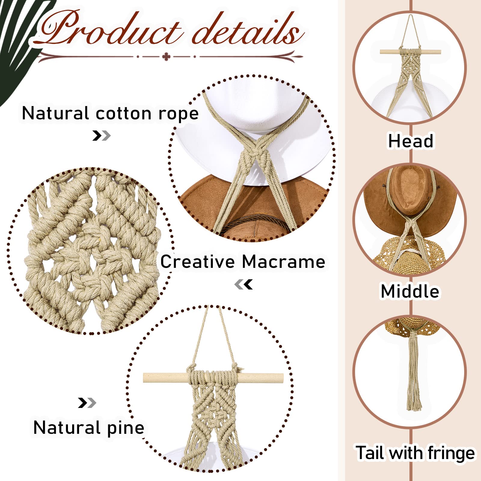 Yulejo Macrame Hat Hangers Boho Hat Rack for Wall Western Cowboy Hanging Organizer for Door Wall Room Bedroom