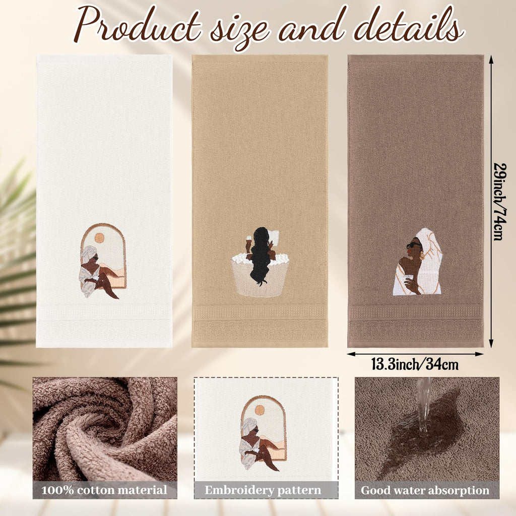 3 Pcs African Woman Hand Towels Black Girl African American Bathroom Home Decor Boho Decorative Farmhouse 100% Cotton Embroidered Towels for Bathroom Kitchen 13. 3 x 29. 5''