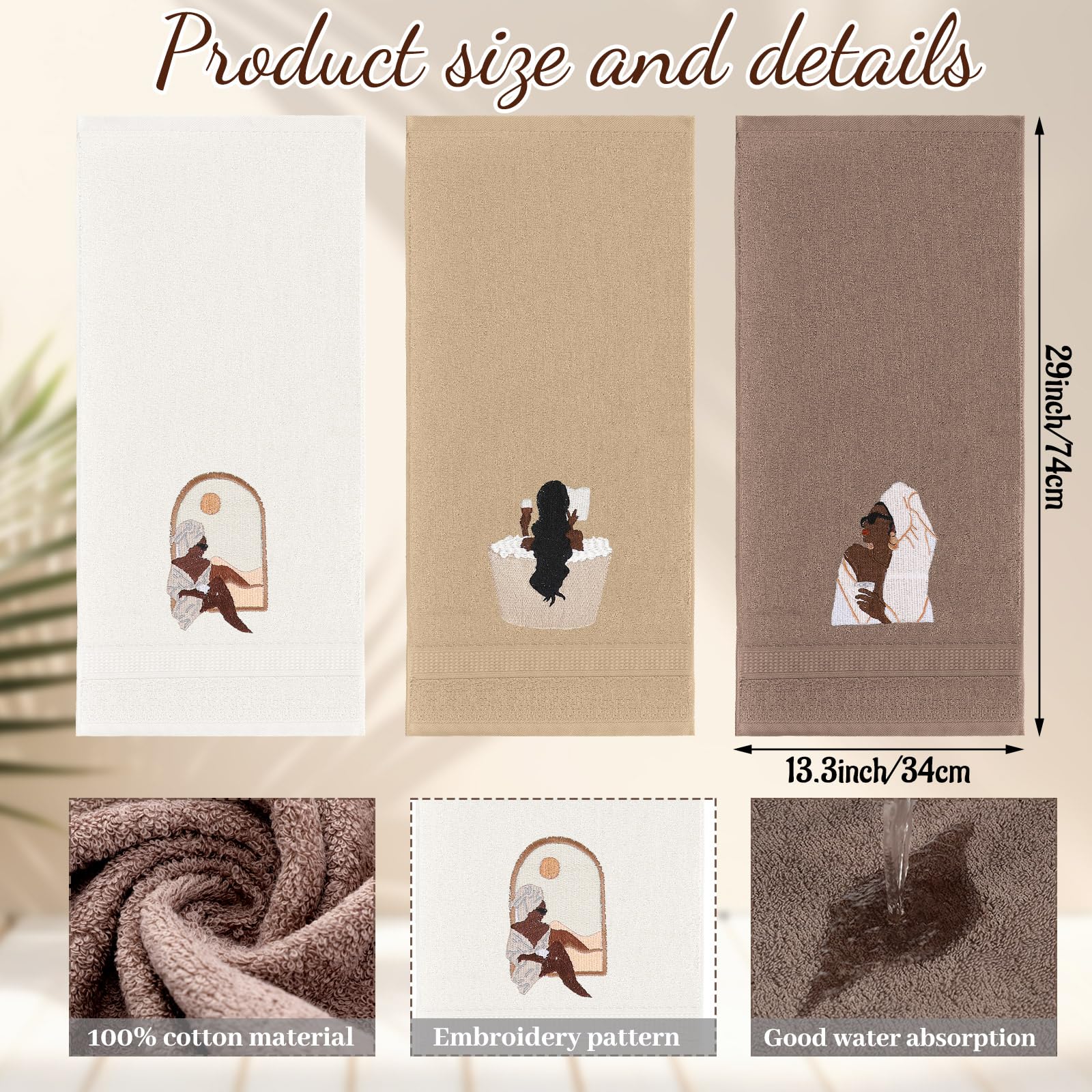 3 Pcs African Woman Hand Towels Black Girl African American Bathroom Home Decor Boho Decorative Farmhouse 100% Cotton Embroidered Towels for Bathroom Kitchen 13. 3 x 29. 5''