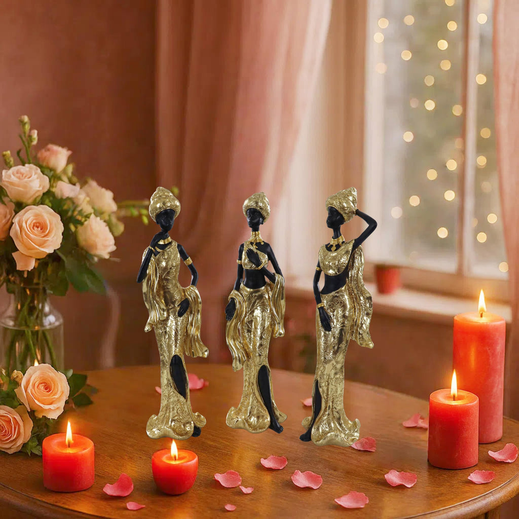 Set of 3 Resin African Woman Statues – Elegant Tribal Figurines in Gold Dresses, Afrocentric Home Decor Sculptures for Living Room, Bookshelf, Gift
