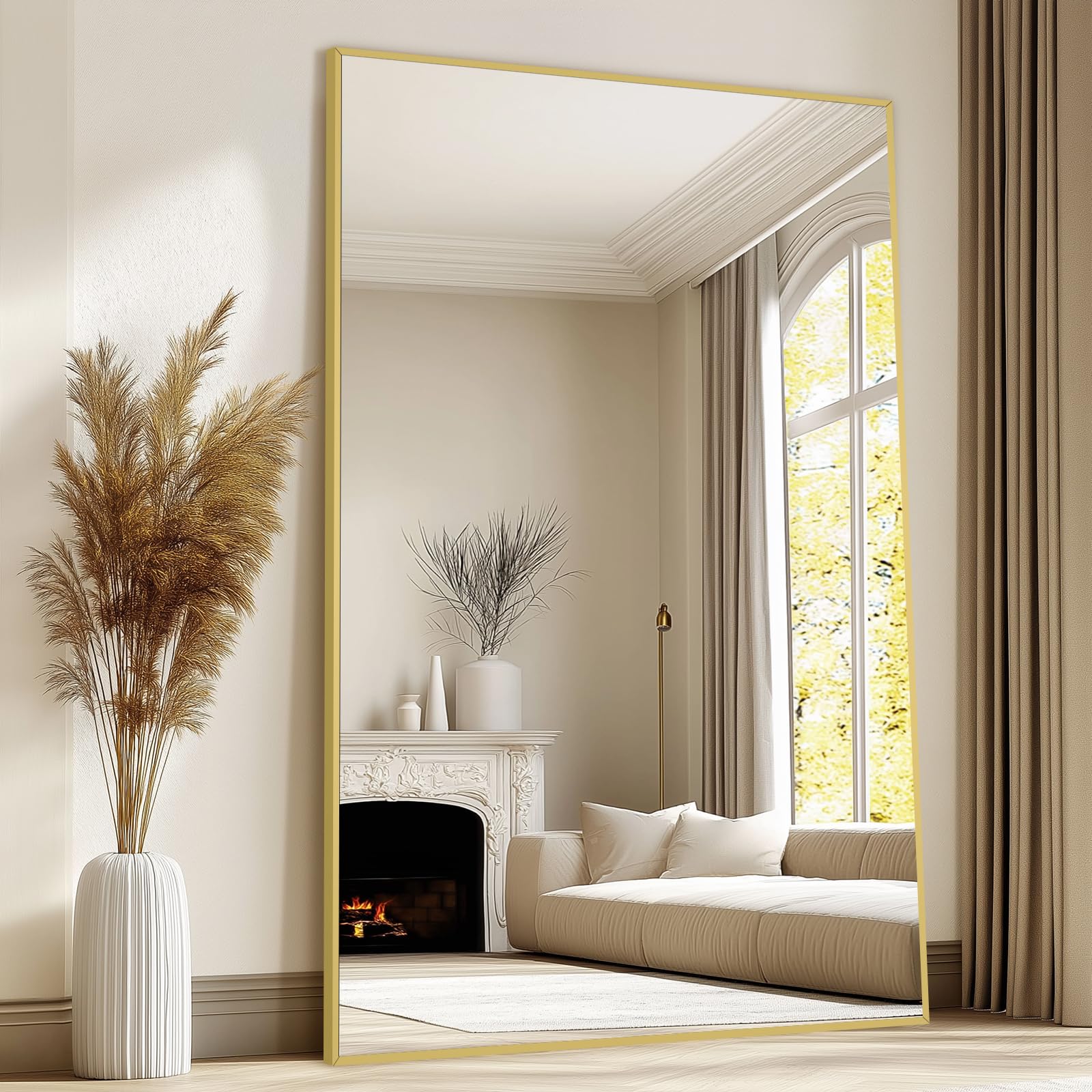 Oversized Floor Mirror Full Length with Stand, 72"X44" Extra Large Arch Standing Mirror Full Length, Tempered Glass Black Full Body Mirror for Bedroom Living Room, Aluminum Alloy Frame