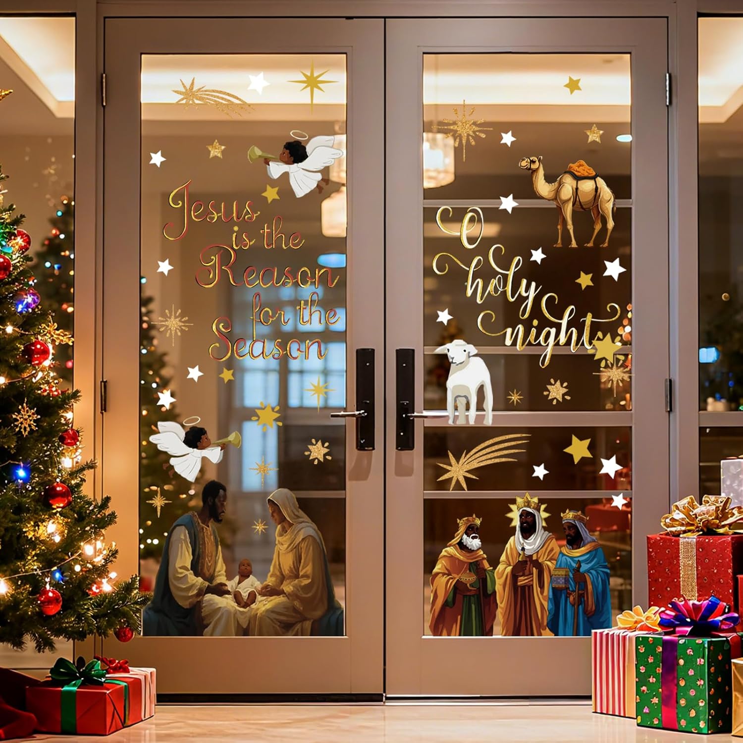 4 Sheets Christmas Window Clings, Double-Sided African American Nativity Scene Window Sticker, Jesus is The Reason for The Season Decals, for Xmas Holiday Home Office Glass Door Window Decorations