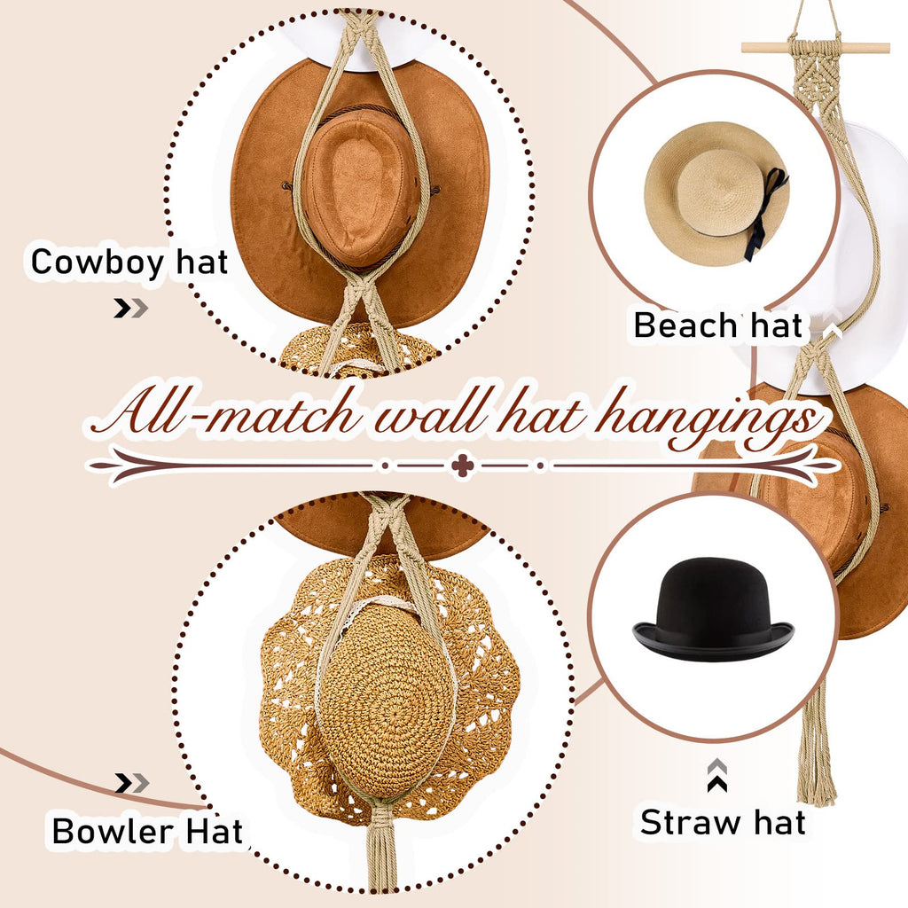 Yulejo Macrame Hat Hangers Boho Hat Rack for Wall Western Cowboy Hanging Organizer for Door Wall Room Bedroom