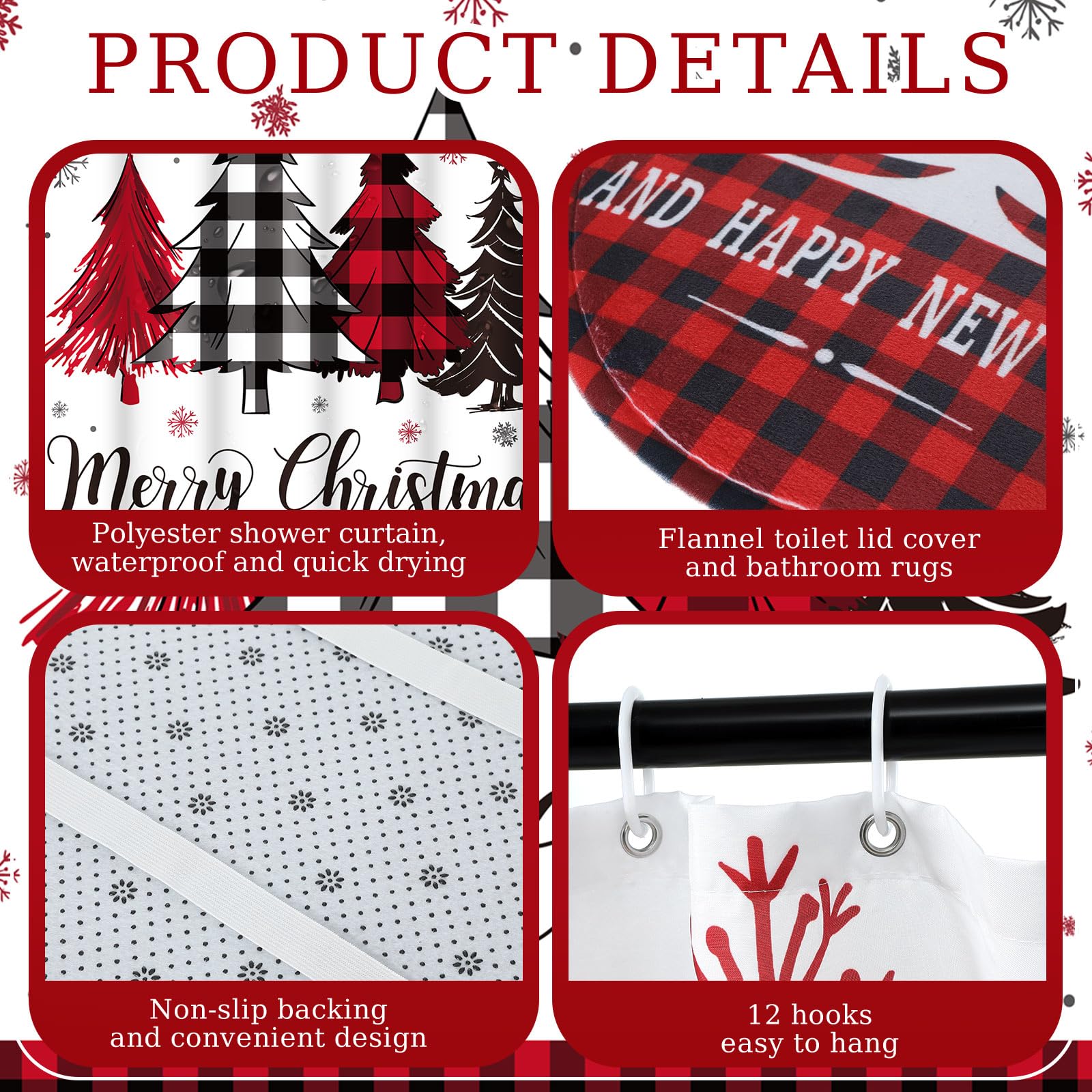 Honoson 8 Pcs Christmas Black Santa Claus Shower Curtain Set with Rugs and Kitchen Towels African American Retro Christmas Bathroom Decor Black Santa Curtain Decorations Xmas Farmhouse Gifts