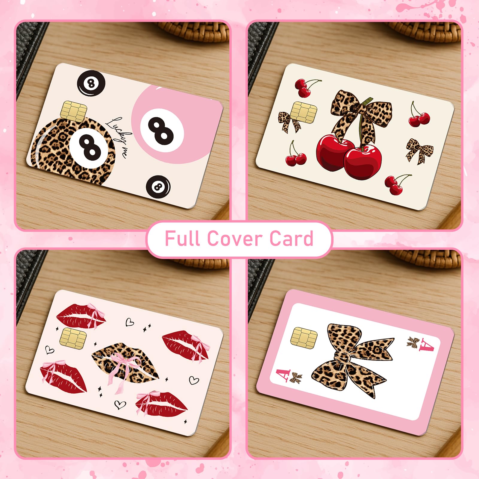 Coquete Leopard Credit Card Skin - 4 Pcs Cherry Bow 8 Ball Billiards Debit Skin Stickers Leopard Lip Print Credit Decal Cover Set for Transportation Key Debit Bus Cards Women