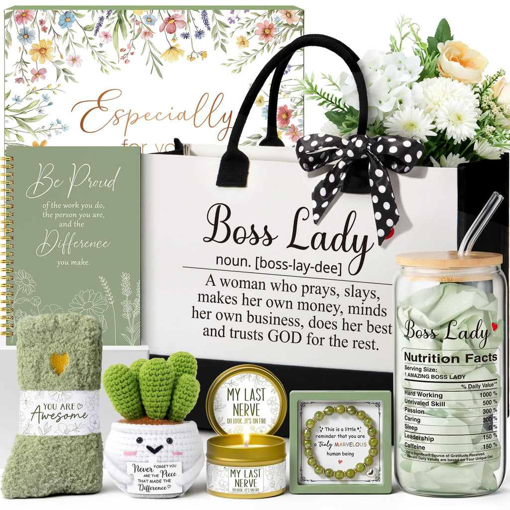 Bosses Day Gifts for Women, Best Boss Lady Gifts for Women, Unique Appreciation Thank You Christmas Birthday Gift Baskets for Boss Female, Going Away Leaving Bosses Gift Set w/Canvas Tote Bag