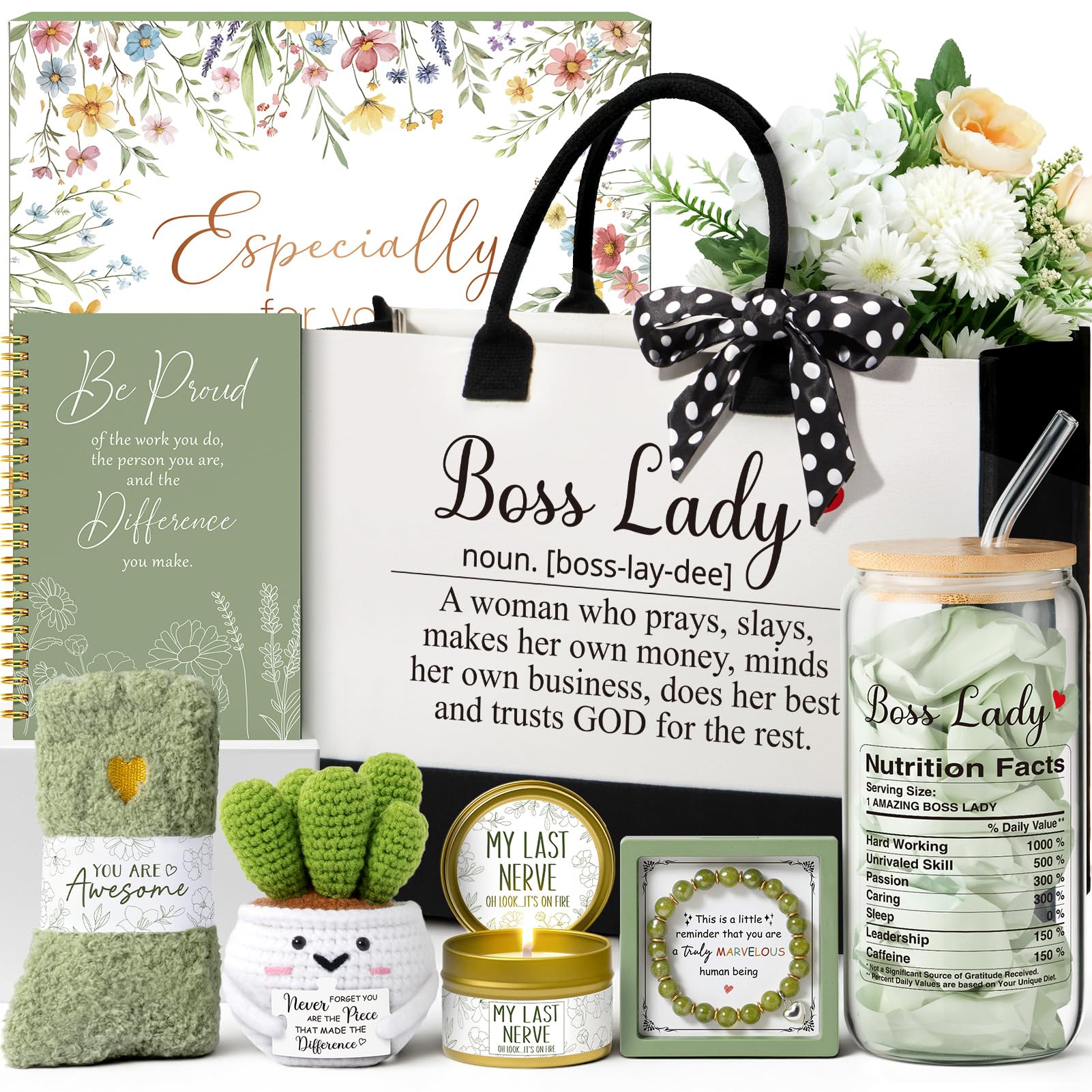 Bosses Day Gifts for Women, Best Boss Lady Gifts for Women, Unique Appreciation Thank You Christmas Birthday Gift Baskets for Boss Female, Going Away Leaving Bosses Gift Set w/Canvas Tote Bag